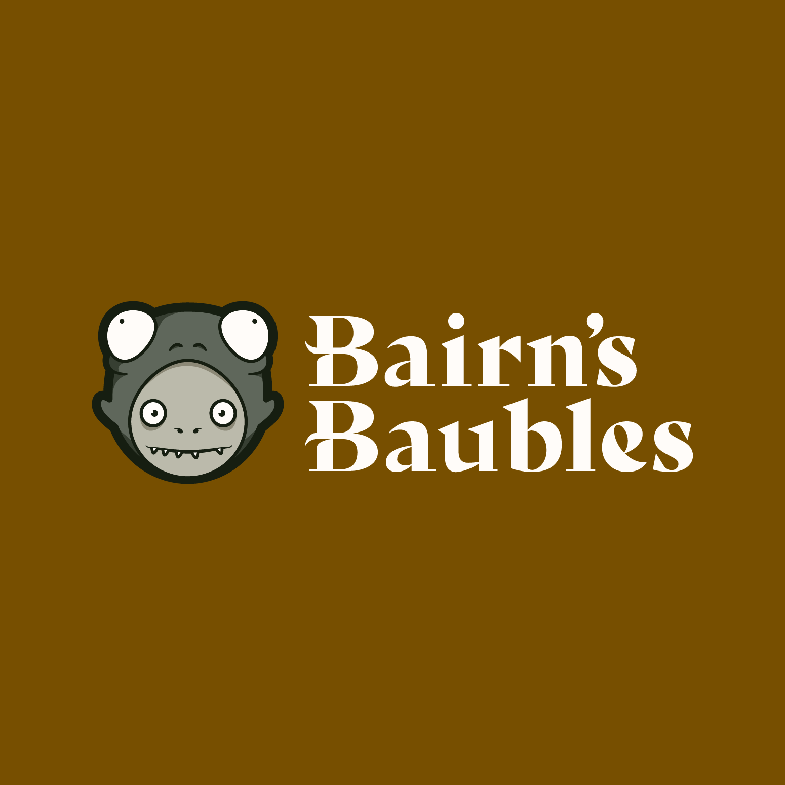 A brown background with a cartoon illustration of a creatures face with big eyes and small fangs, alongside the white text 'Bairn's Baubles'.