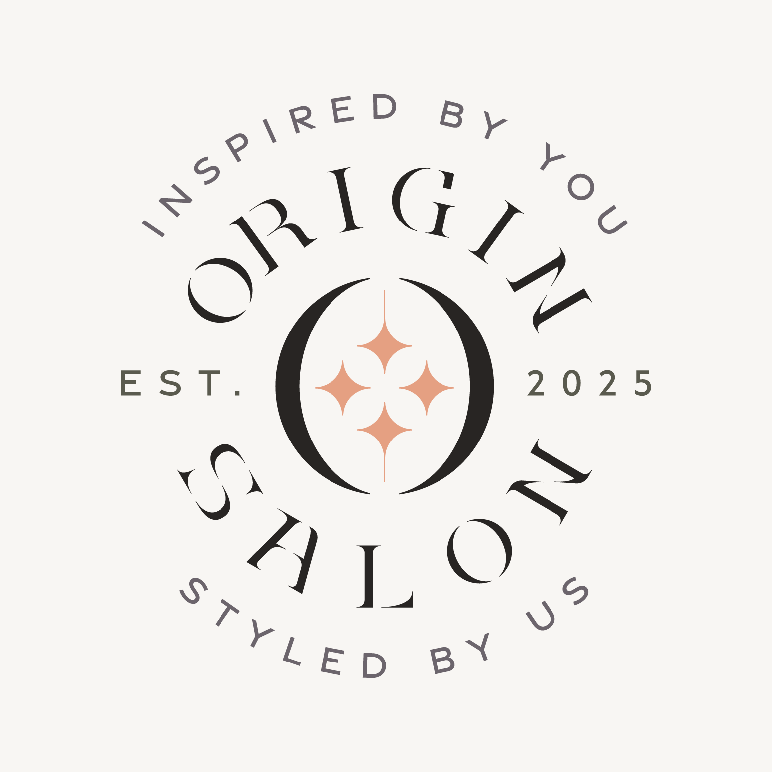 Stylized logo with circular text that says 'Inspired by You', 'Styled by Us', 'Est. 2025', and features a central design with four peach-colored stars inside a black crescent and circle. Origin Salon Logo design.