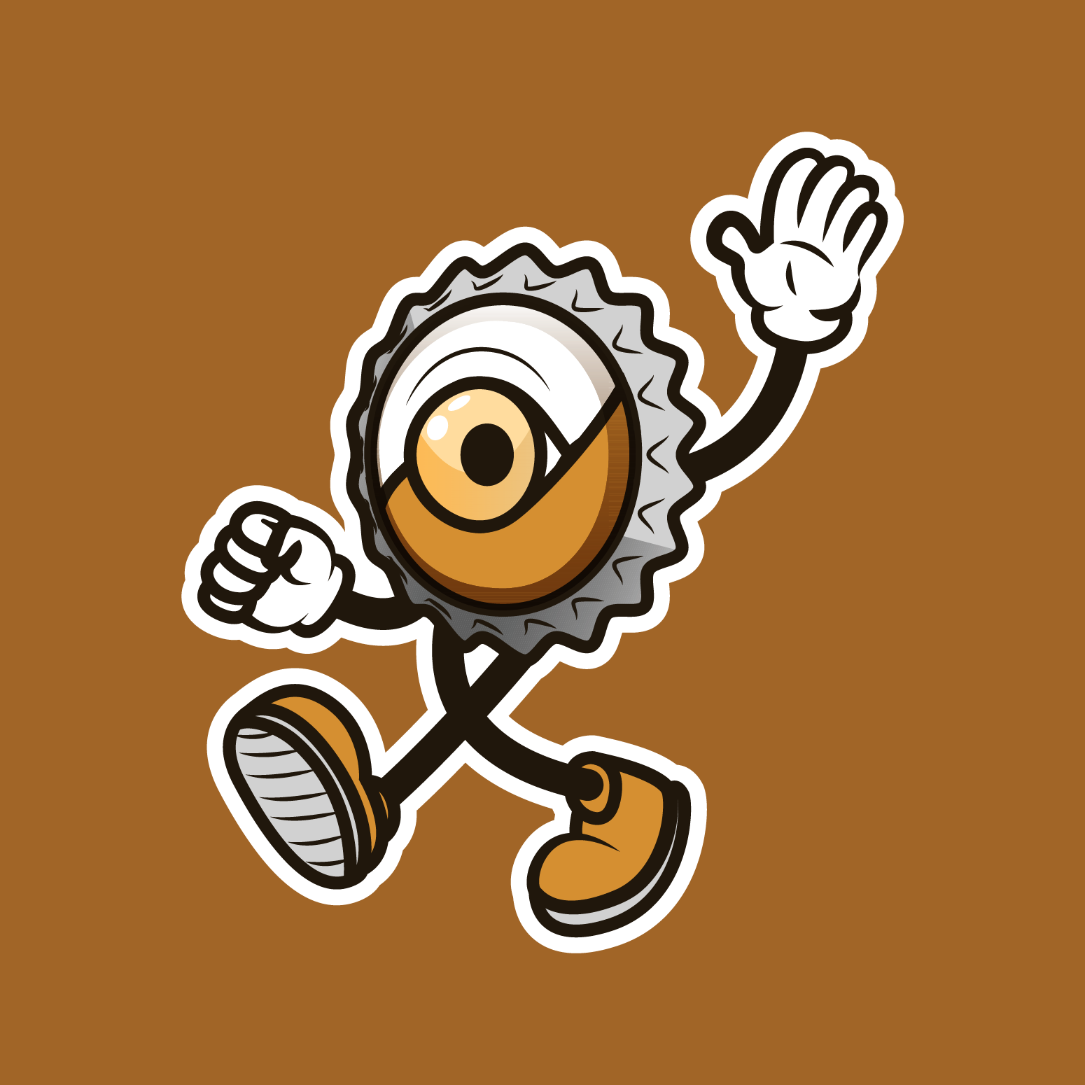 A cartoon character of a running bottle cap with a large eye, wearing sneakers, gloves, and a determined expression on a brown background.