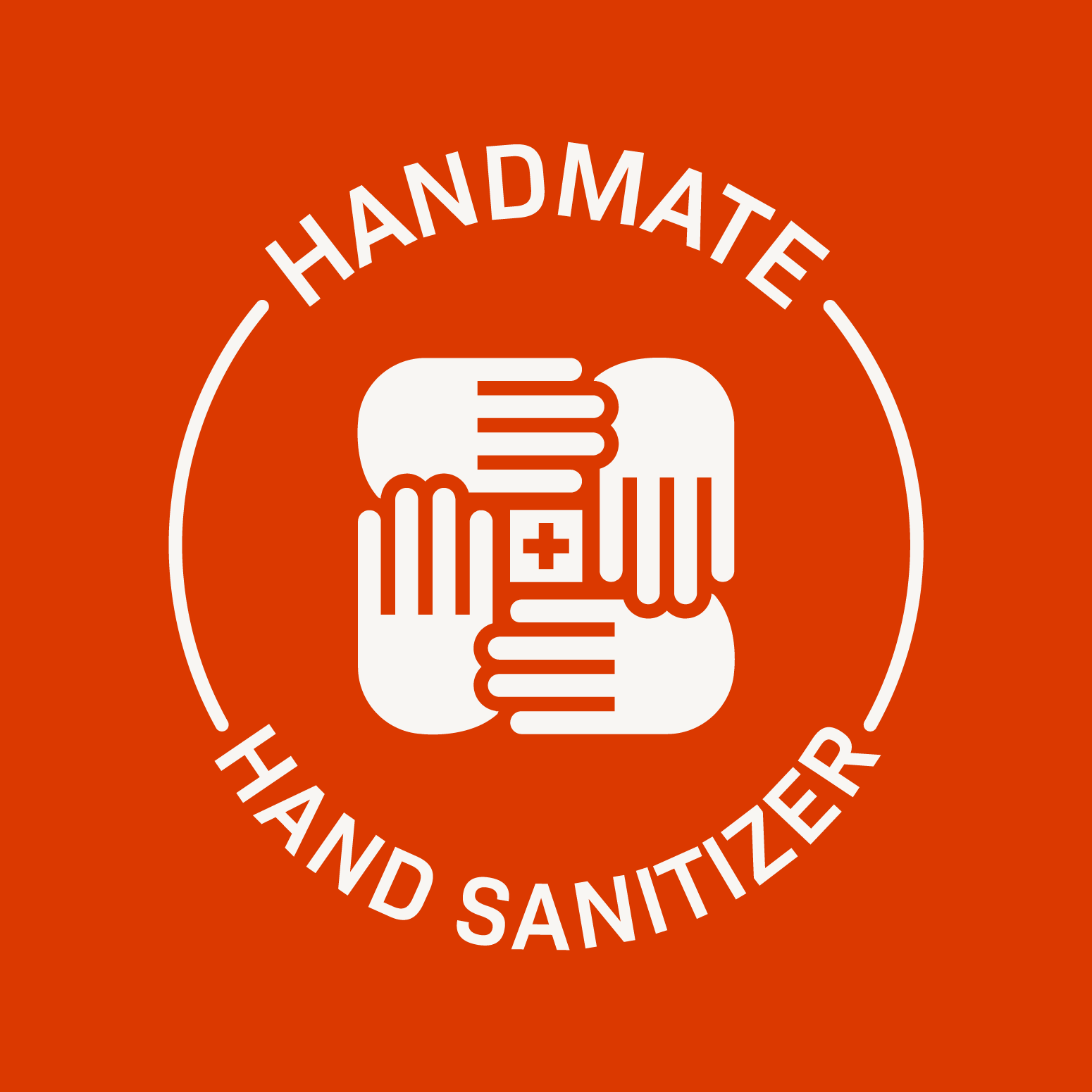 Graphic with text 'Handmate Hand Sanitizer' and an icon of four hands holding a bottle of hand sanitizer with a cross symbol.
