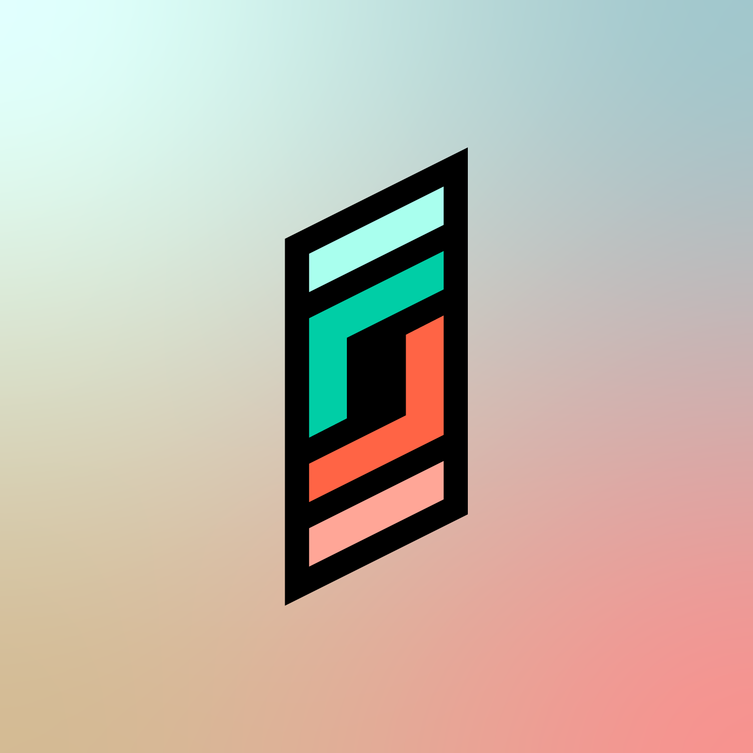 Minimalist digital illustration of a vertical rectangular object with horizontal color bands in cyan, teal, orange, and pink, outlined in black, set against a pastel gradient background. Logo of two "F"s representing Friendly Fire Brand.
