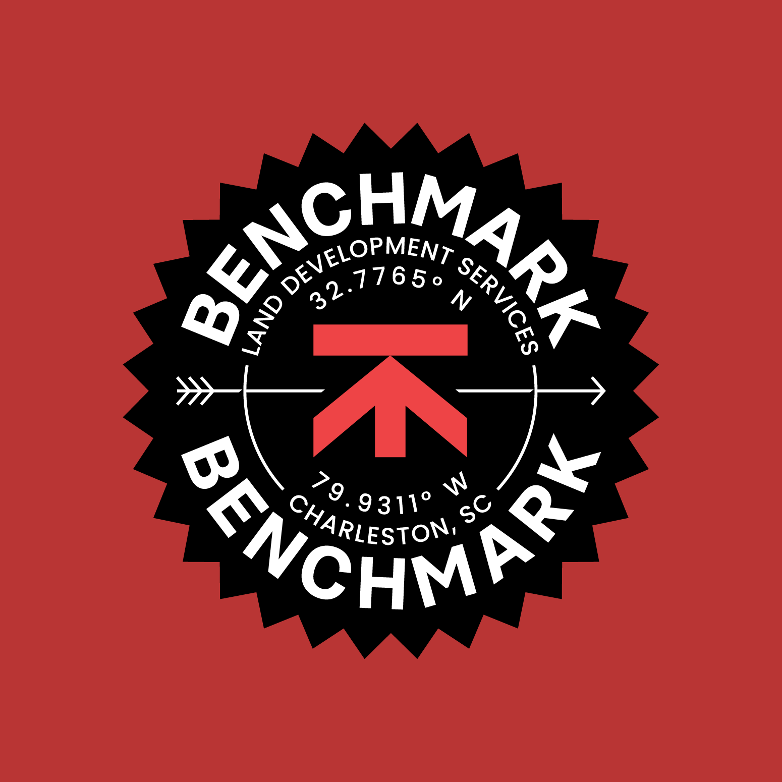A black badge with white text and a red arrow pointing upward, containing the words Benchmark, land development services, and Charleston, South Carolina, on a red background.