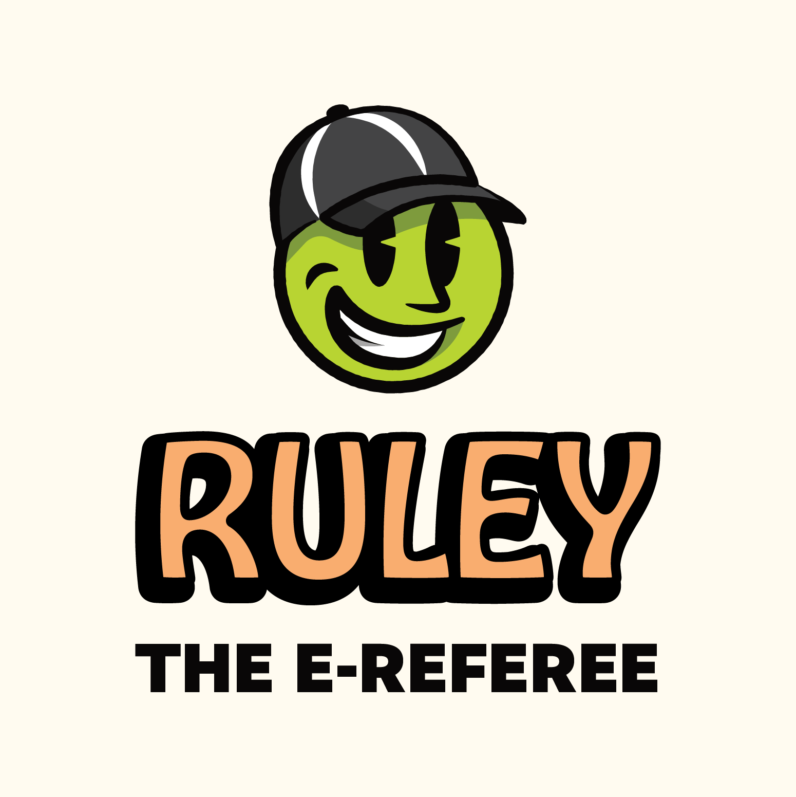 A cartoon face with a big smile, one eye winking, wearing a black cap, with the text "RULEY THE E-REFEREE" below.