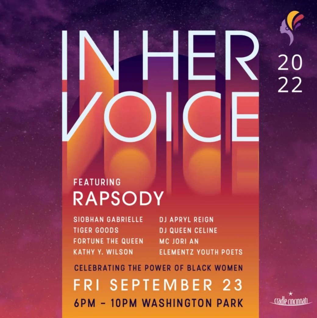 Event flyer titled 'In Her Voice 2022' featuring Rapsody with a list of other performers, celebrating the power of Black women, scheduled for September 23 from 6 PM to 10 PM at Washington Park.