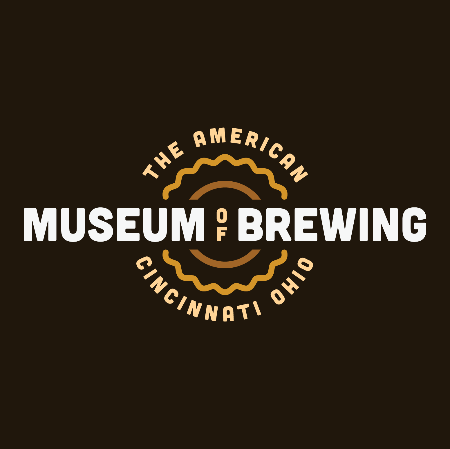 Logo for The American Museum of Brewing in Cincinnati, Ohio, featuring a stylized beer cap design with text in cream, brown, and black colors.