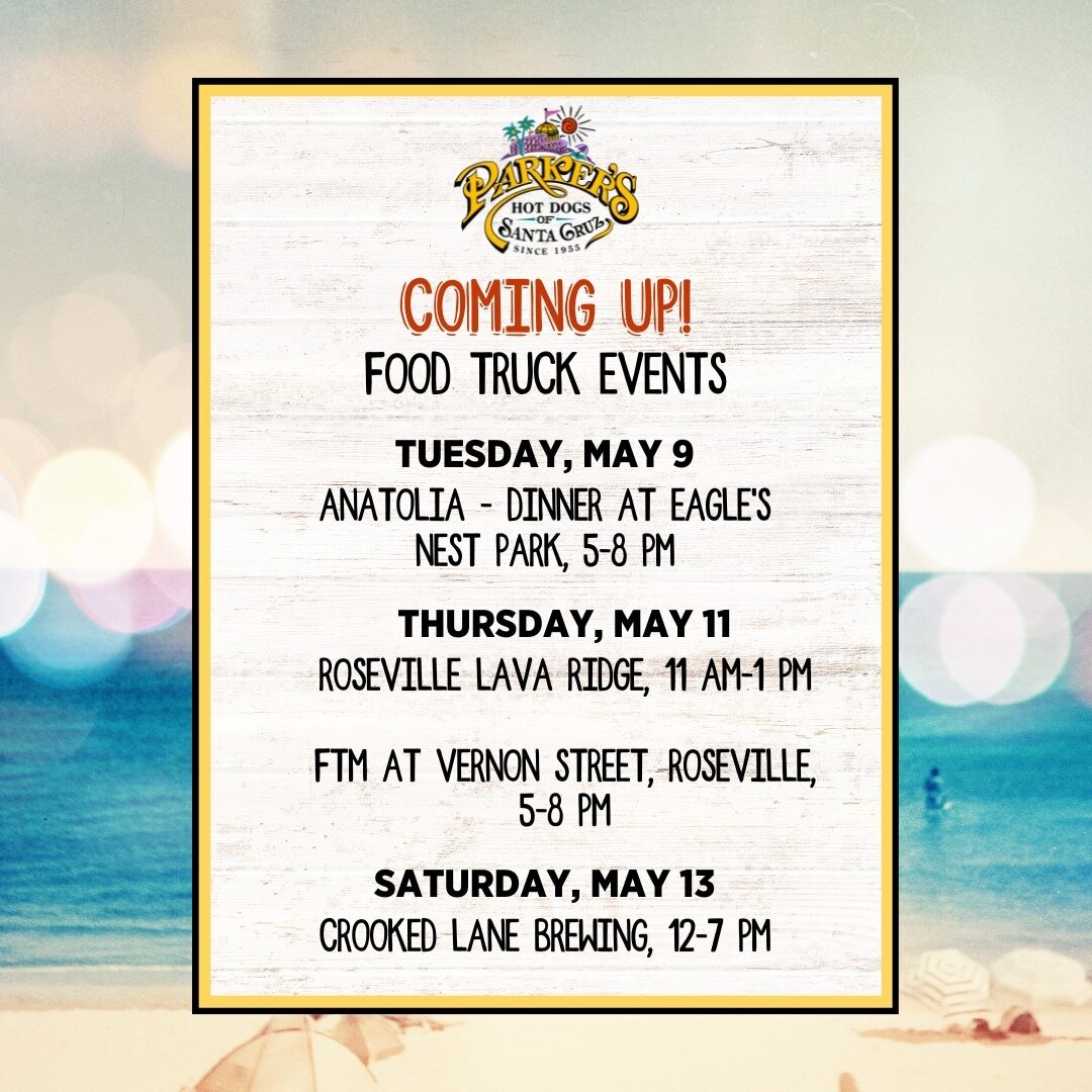 Our dogs are on the move this week! Will we see you at any of these events?

View our full list of upcoming food truck events at parkershotdogs.com/truck. 
.
.
.
.
#sacfoodtruck #roseville #auburn #citrusheights #visitsacramento #visitplacer #parkers