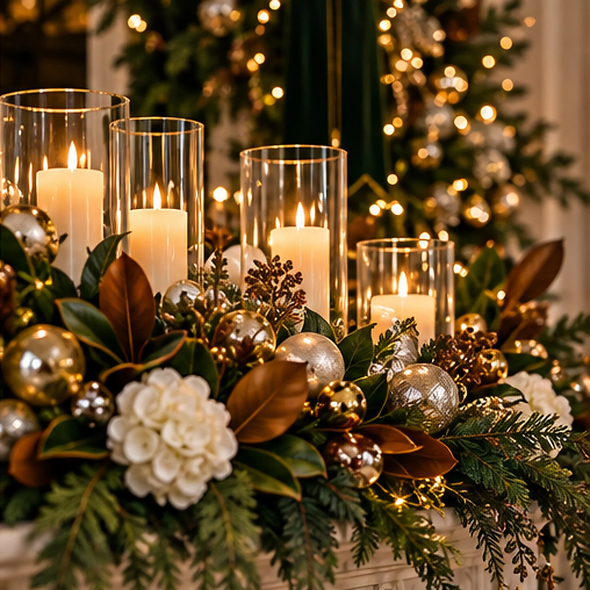 Elegant candlelit Christmas mantel arrangement