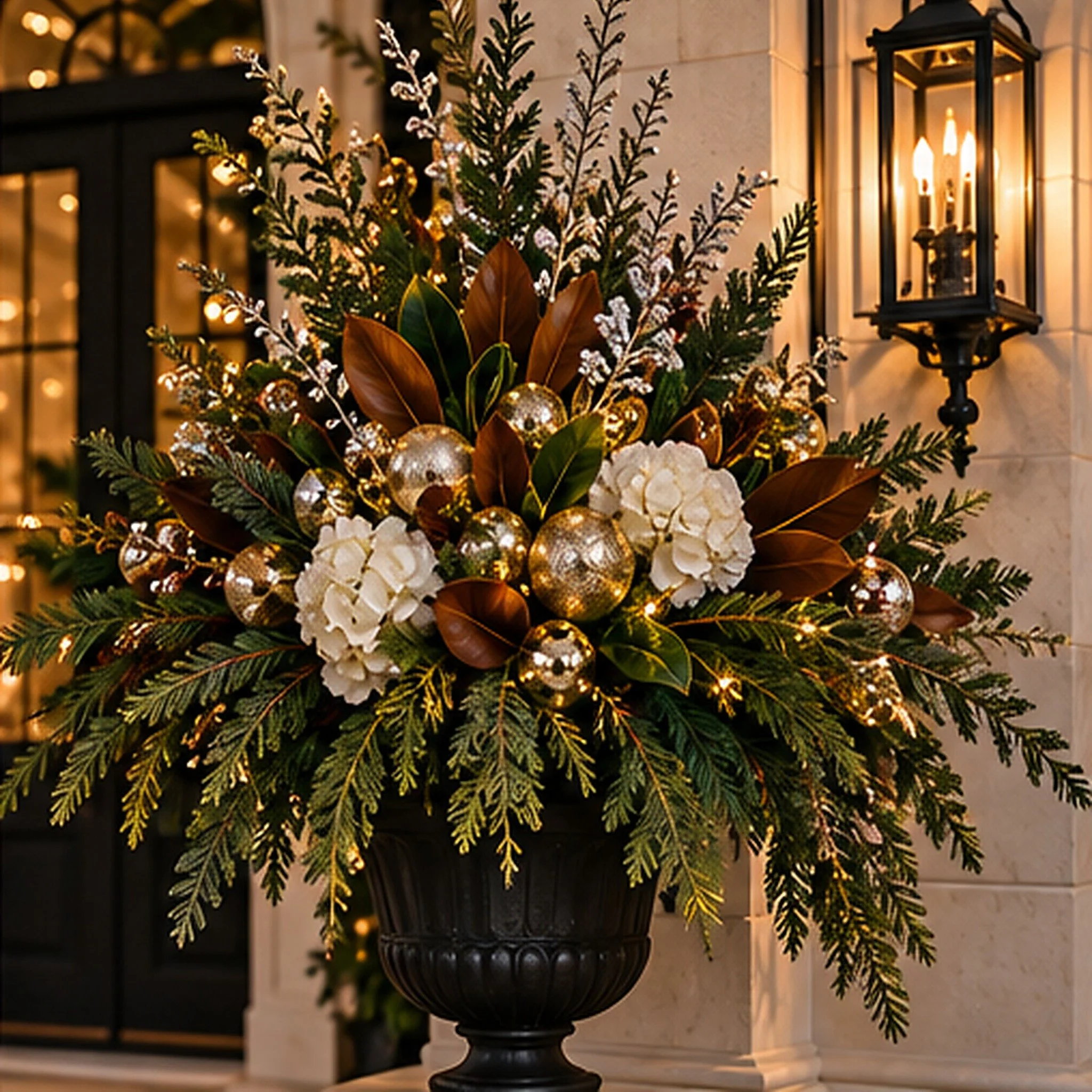 Lush Christmas urn arrangement at an elegant entry