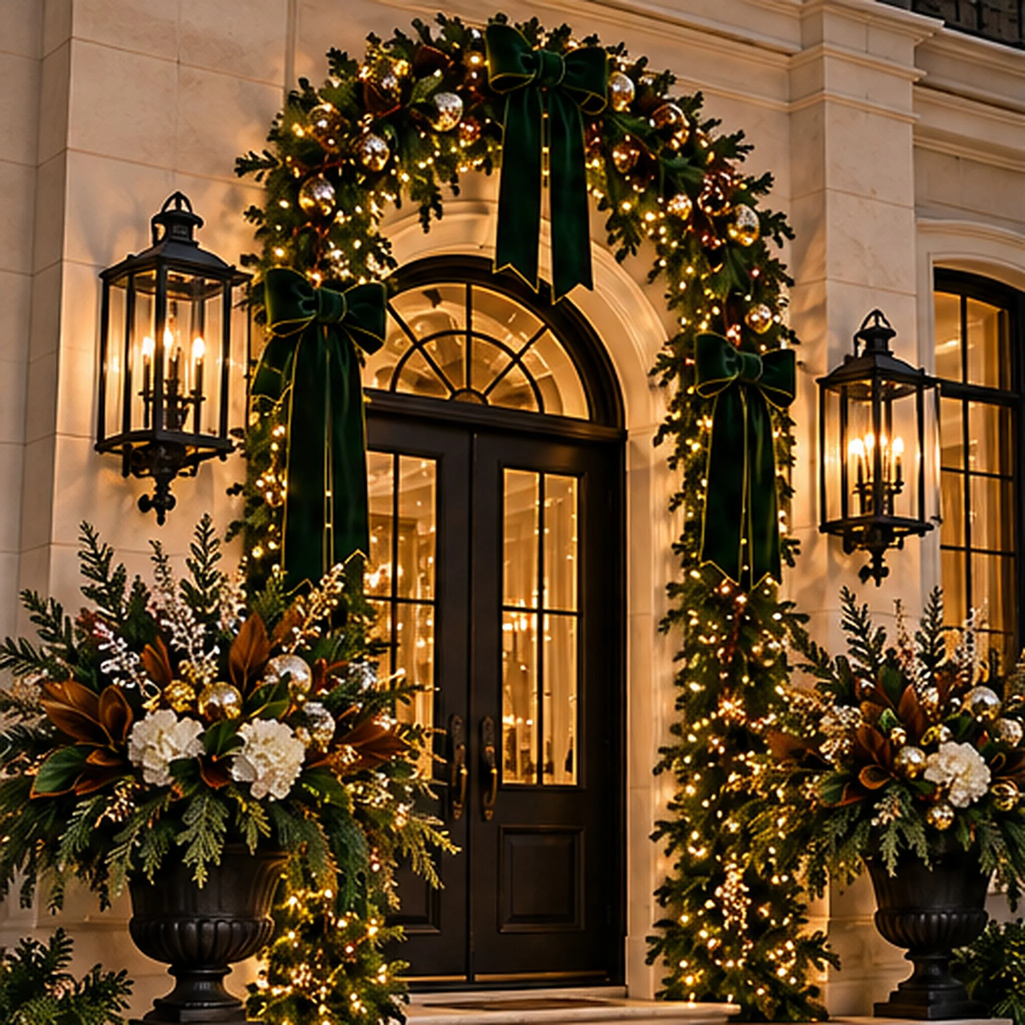 Elegant Houston-style mansion entrance decorated for Christmas