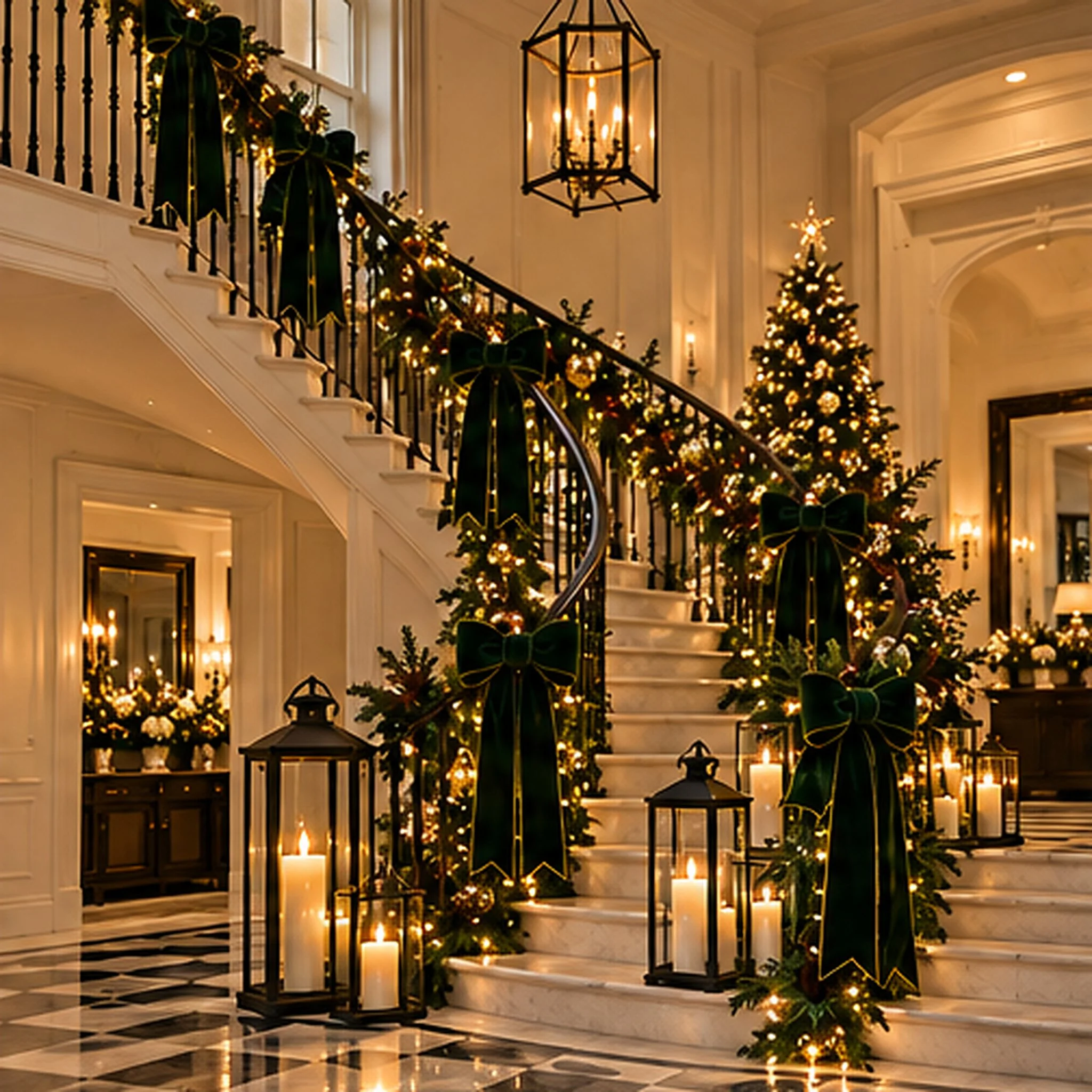 Grand staircase wrapped in illuminated Christmas garlands