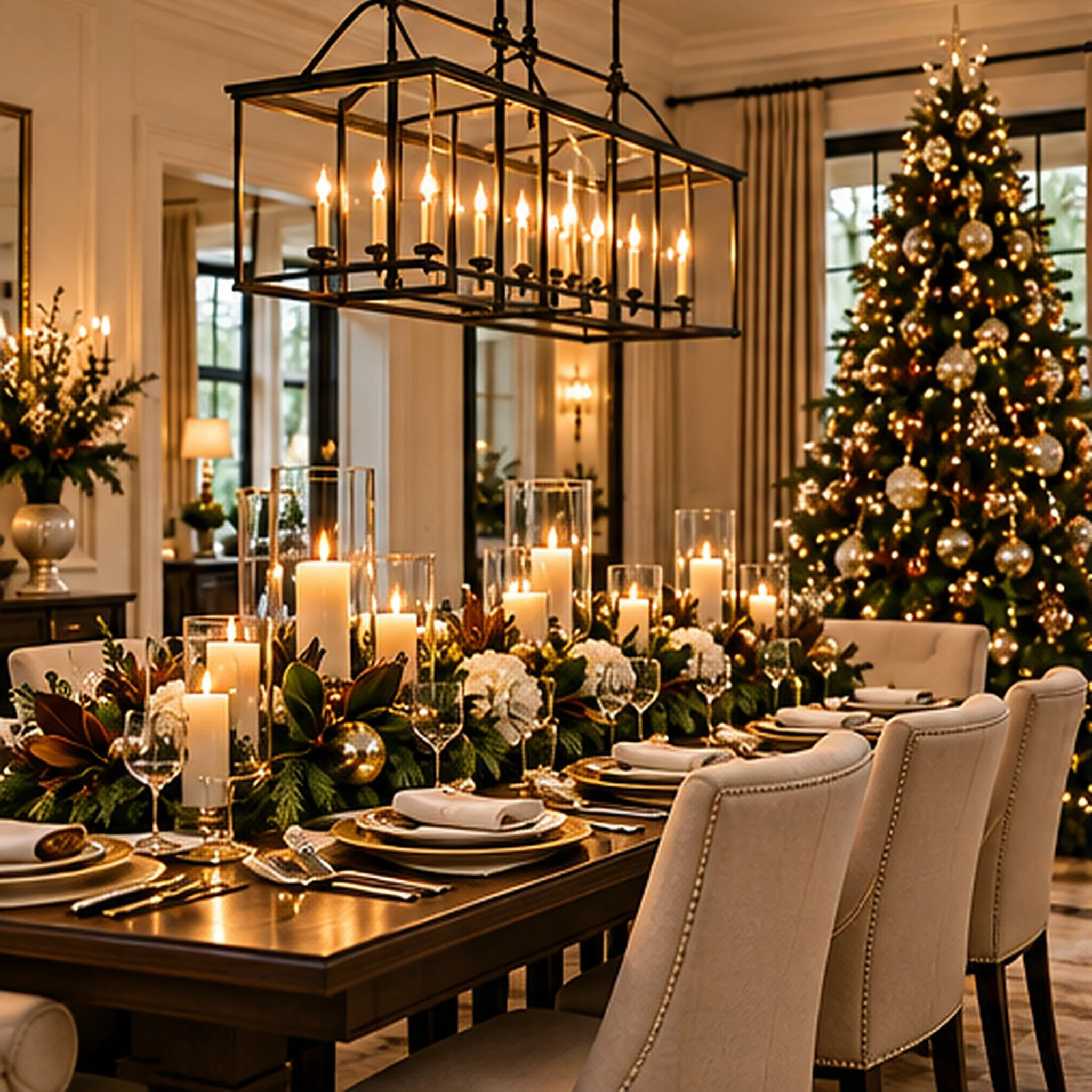 Formal dining room with refined Christmas tablescape