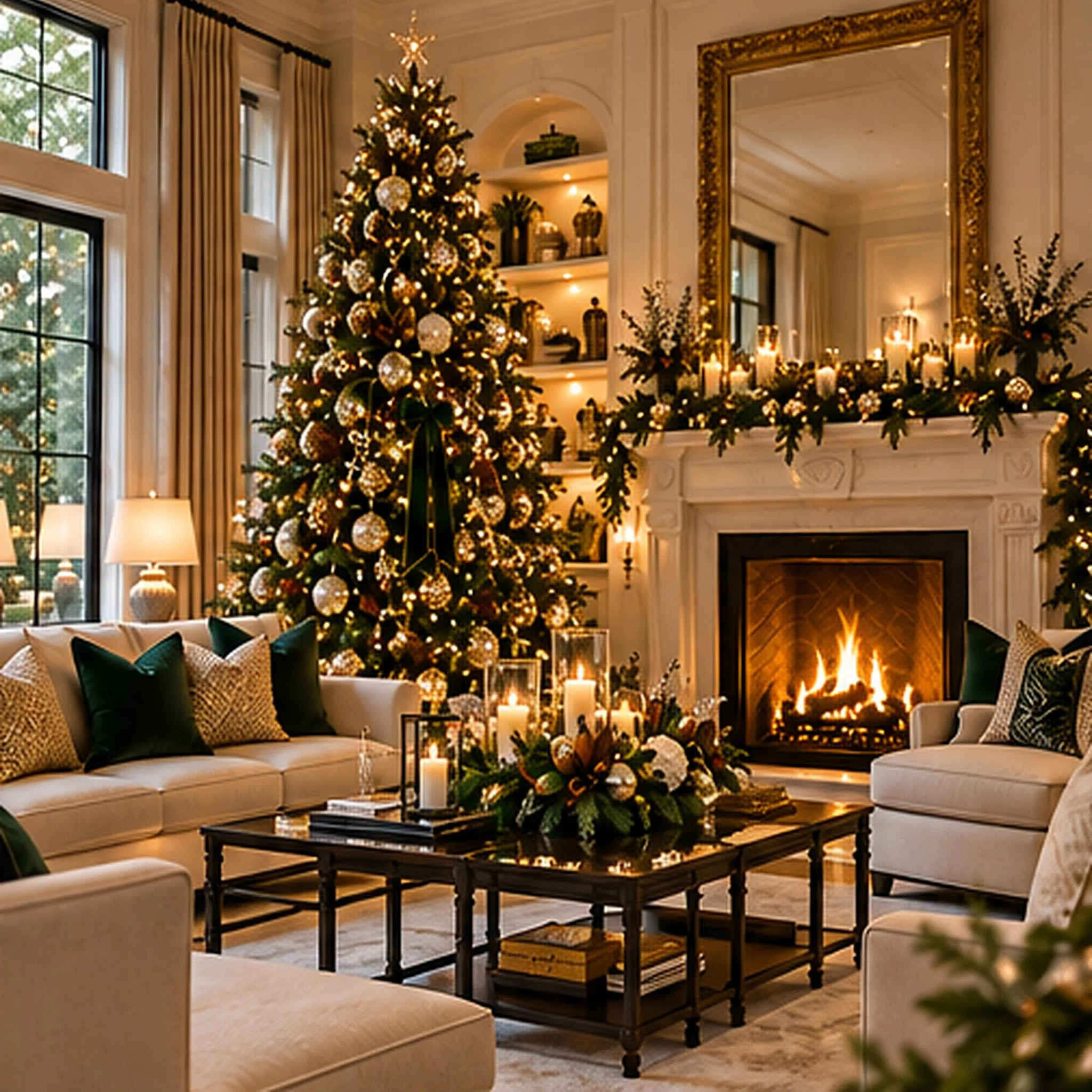 Elegant living room with decorated Christmas tree and fireplace