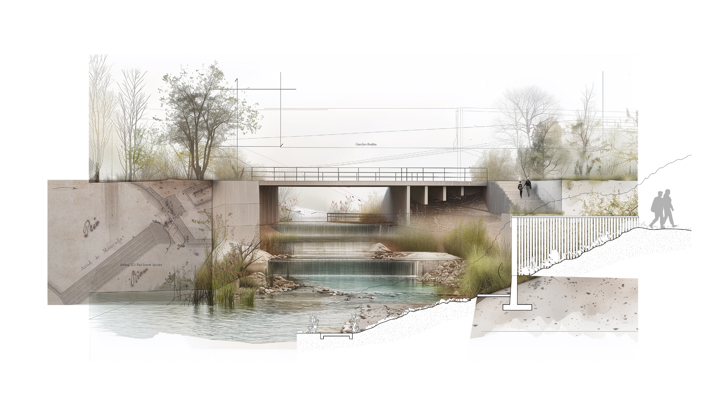 Puente-azuds link both sides of the Turia, transforming the channel into a seasonal wetland park that allows flooding during storm events.
