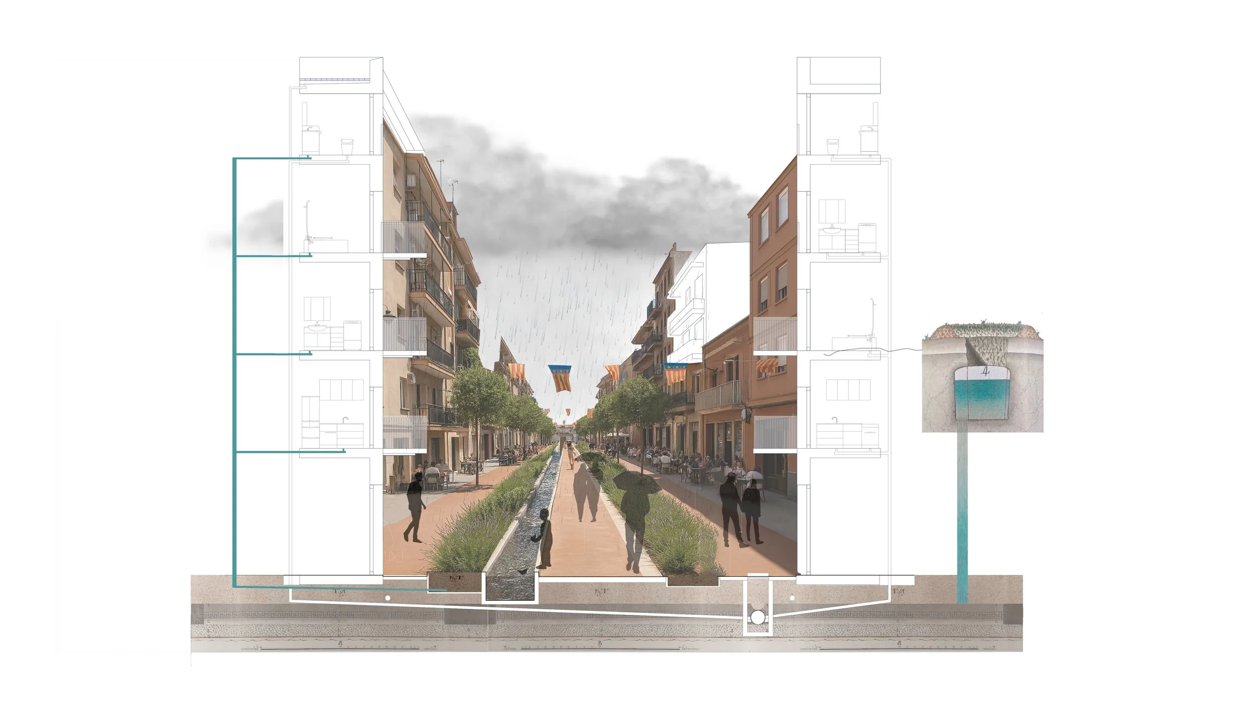Quart-Benager’s urban acequia spine, supplied by stormwater runoff and greywater from the proposed separated sewer line.
