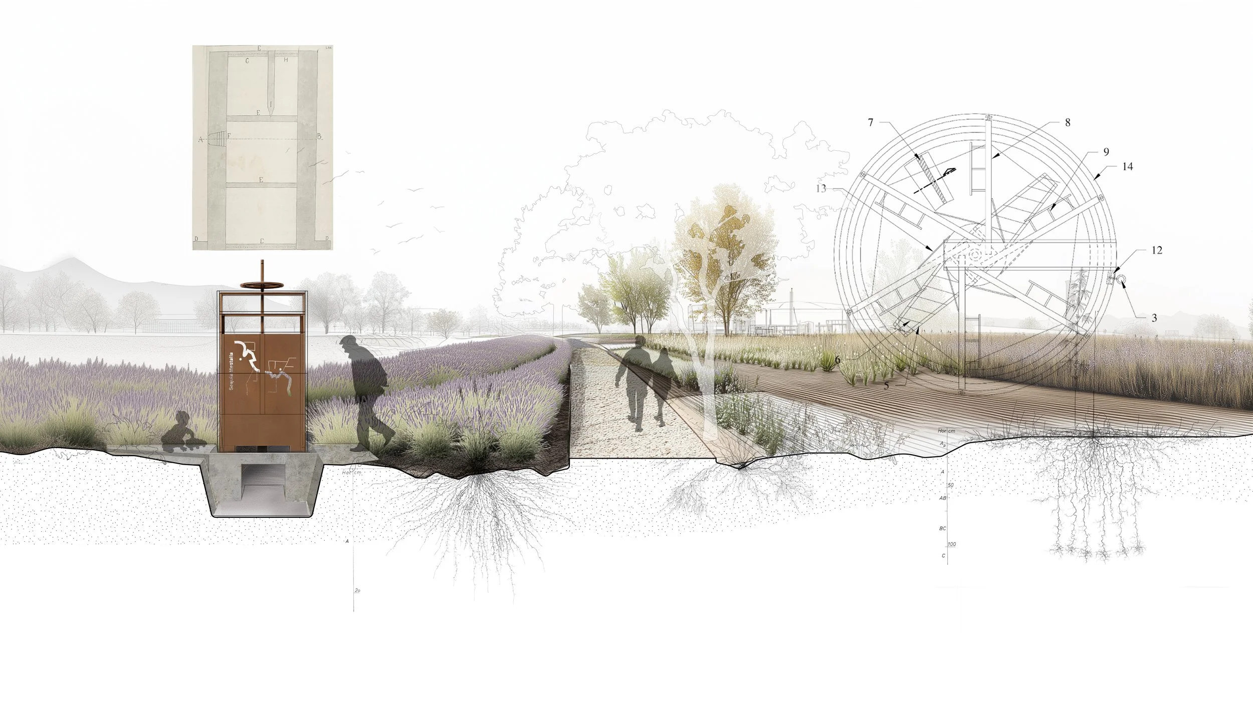 The arriate is a pedestrian spine, with partidores acting as wayfinding markers that guide movement.​