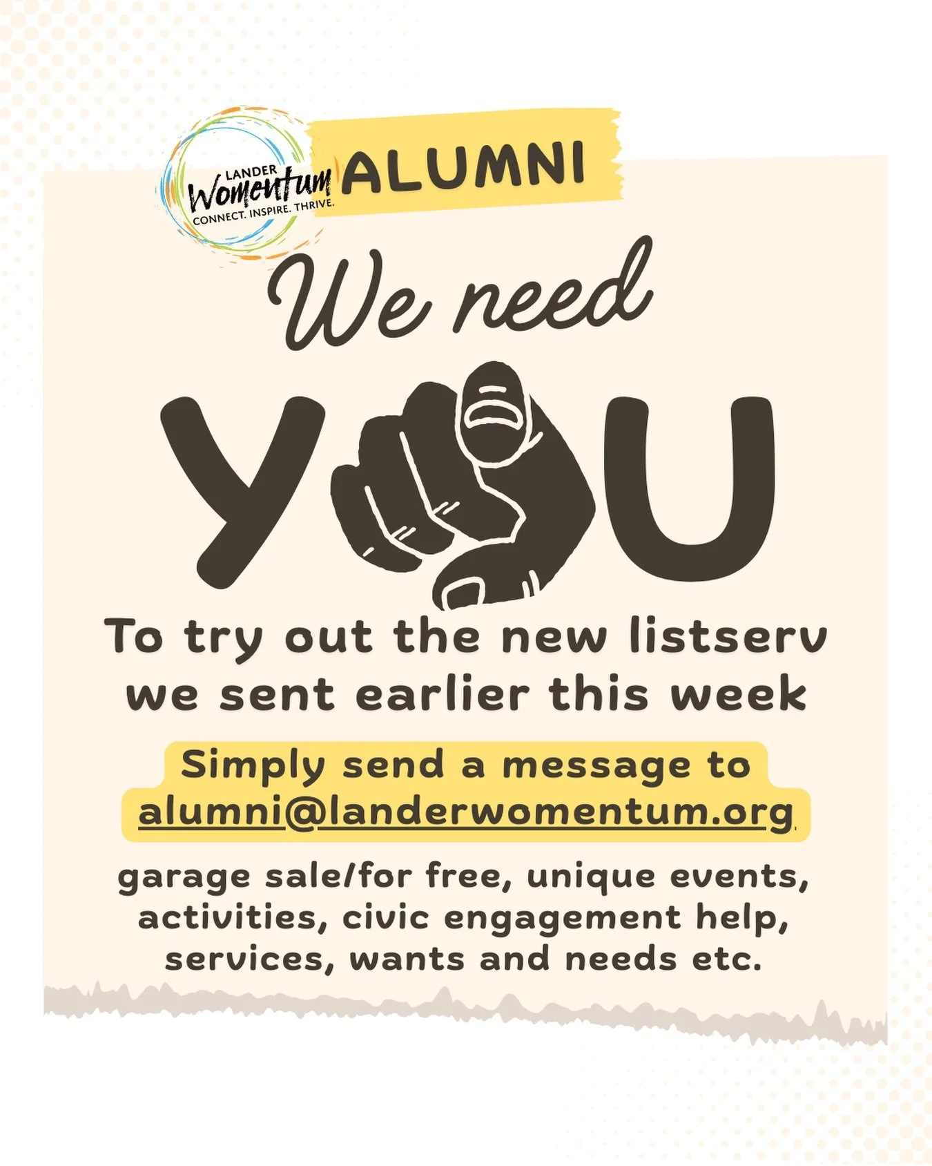 Calling all alumni! 🎓 Ready to connect in a whole new way? 🌟

We want YOU to jump onto our new platform and start sharing! Whether you&rsquo;re looking to hire or looking to clear out your garage, there&rsquo;s a spot for it. Here&rsquo;s what you 
