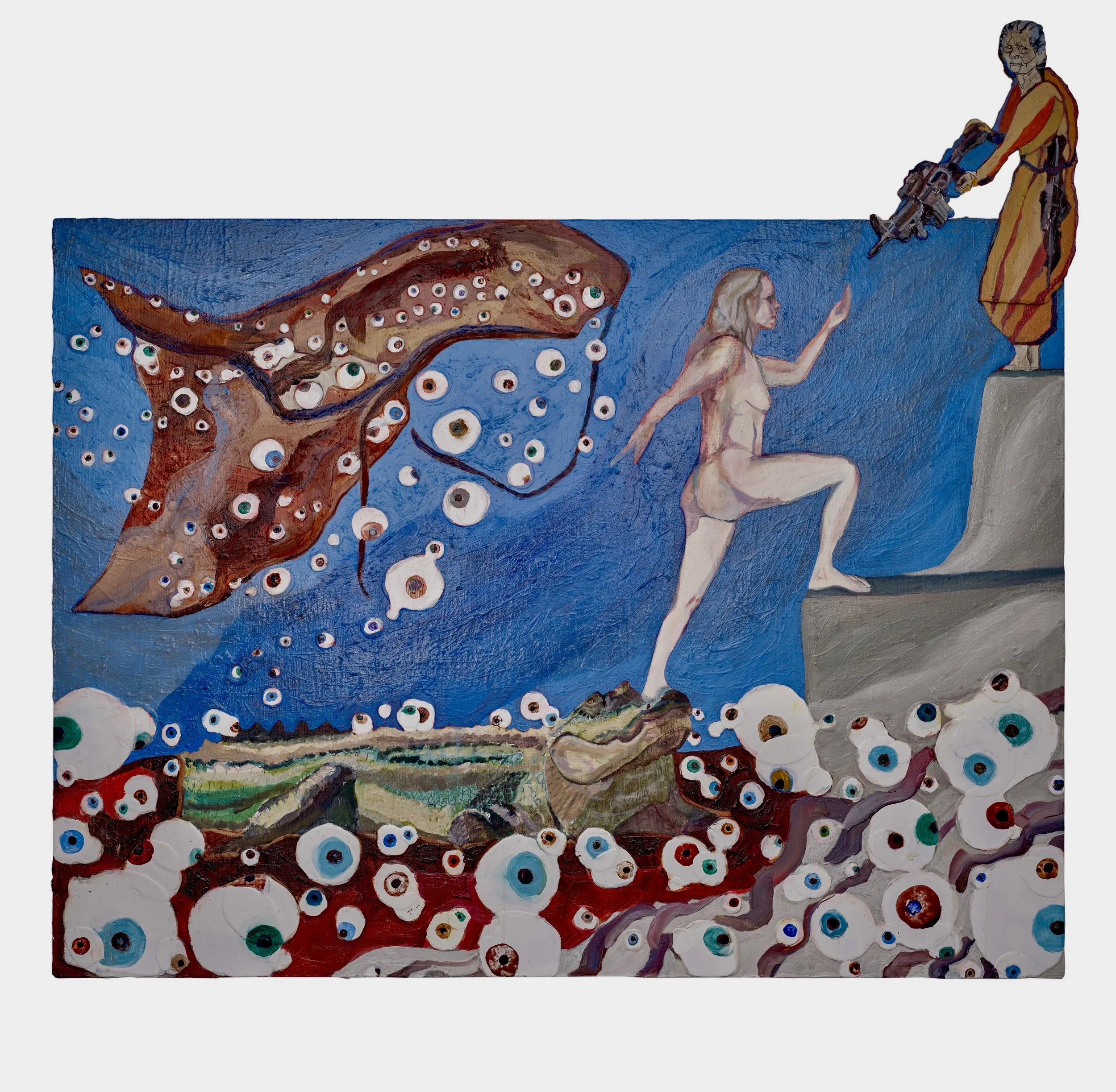 Casting Off The Cape: Ascendance from the Bog of Eyes. Oil, Acrylic, Ink, Pencil, Wood carving on Wood. 120x113cm