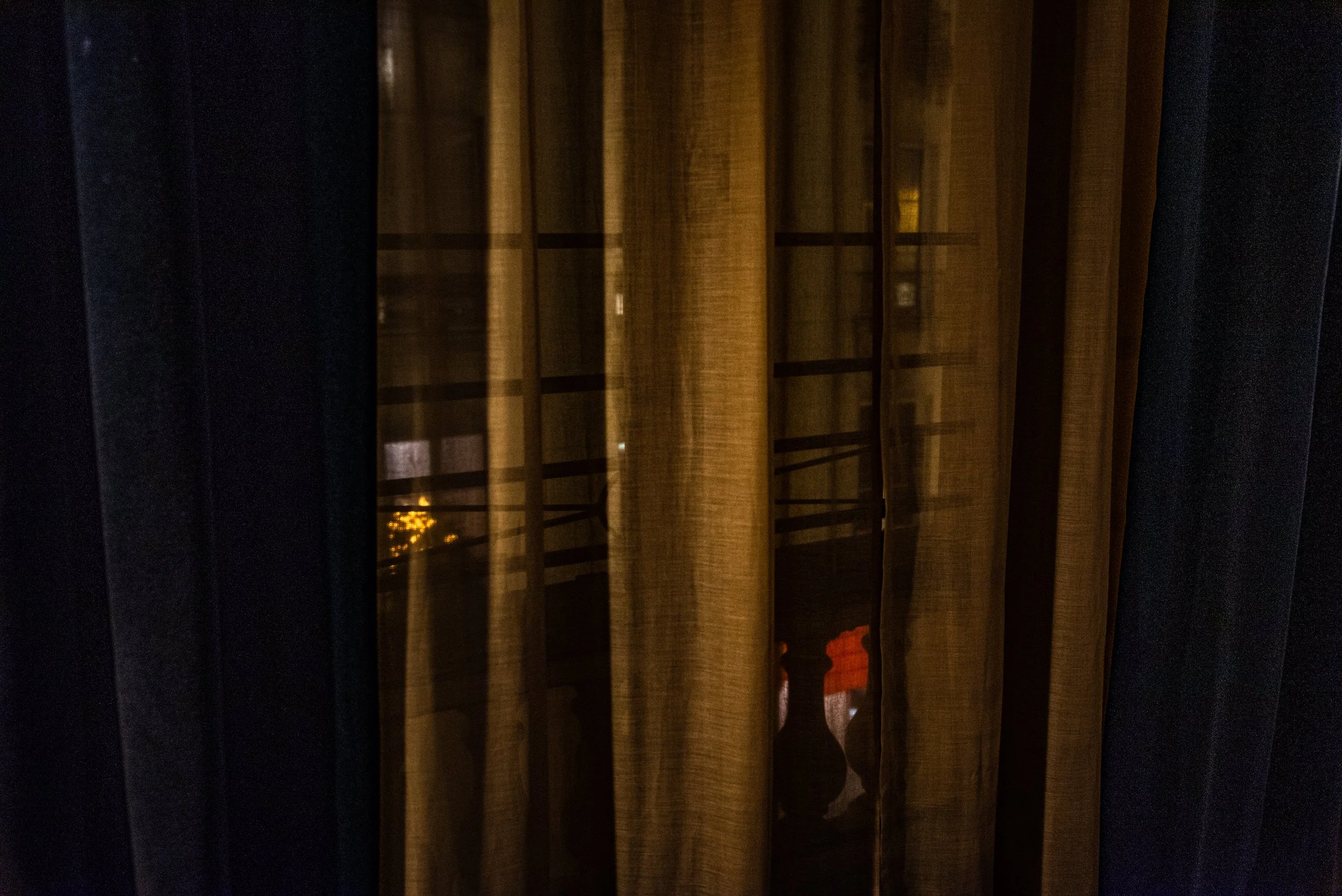 Paris hotel - street view at night through curtains. Photographer Matthew Bennett - Portraits.TO - Fine Art