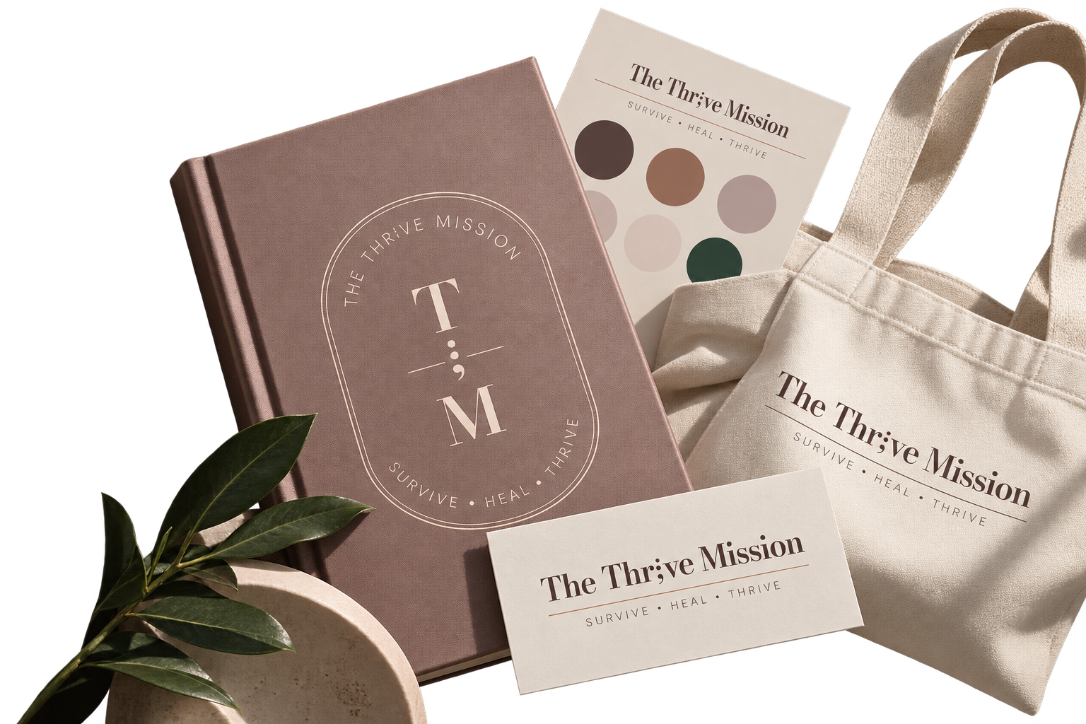 A collection of items for 'The Thrive Mission', including a pink hardcover book, a printed card, a tote bag, a color palette card, and a plant in a white dish, all featuring the mission's logo and tagline 'Survive, Heal, Thrive.'