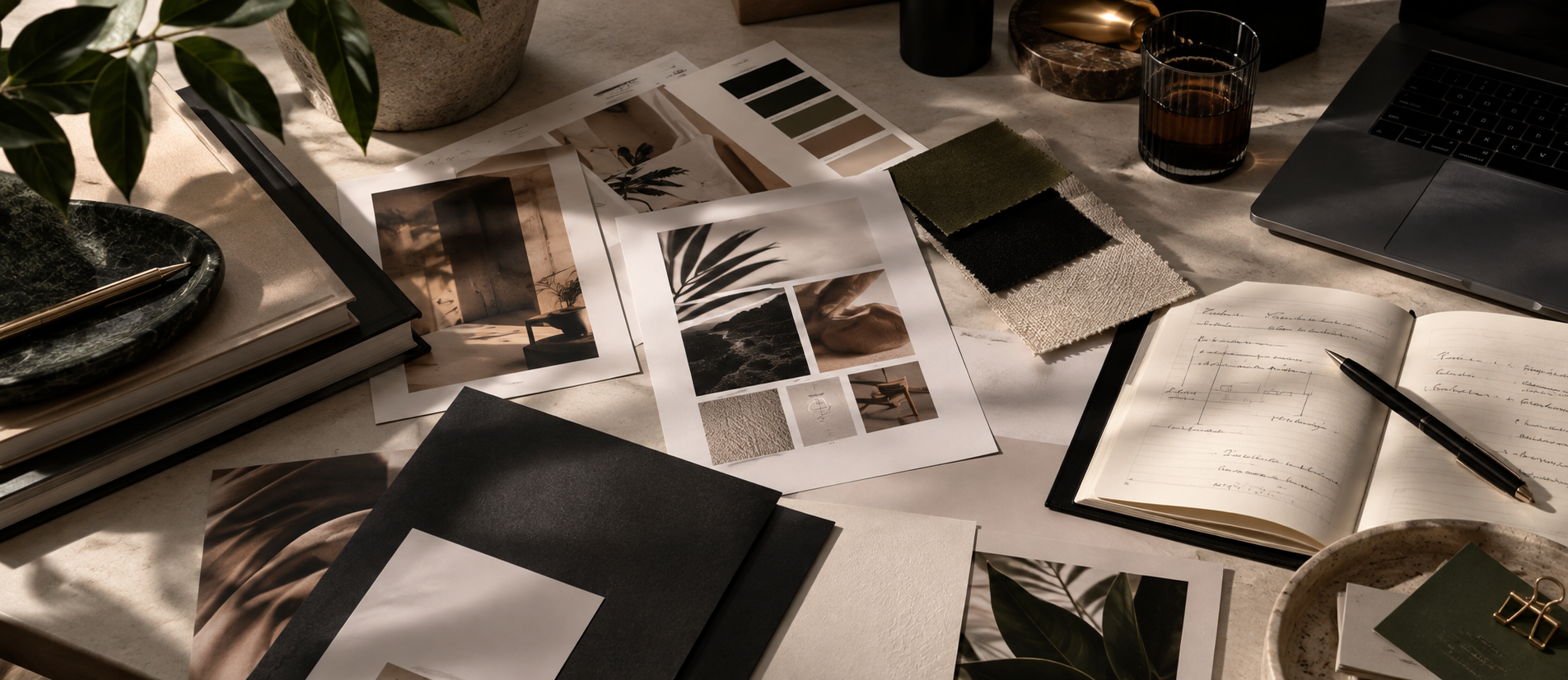 A cluttered workspace with design inspiration materials, including printed photos of nature and interior scenes, fabric swatches, a pen, an open notebook with handwritten notes, a laptop, glasses of dark liquid, and plants in the background.