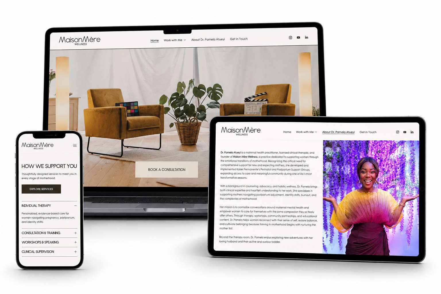 Screenshot of a wellness website on various devices, featuring a cozy waiting area with mustard-colored chairs and a plant, and a portrait of a smiling woman with purple flowers in the background.