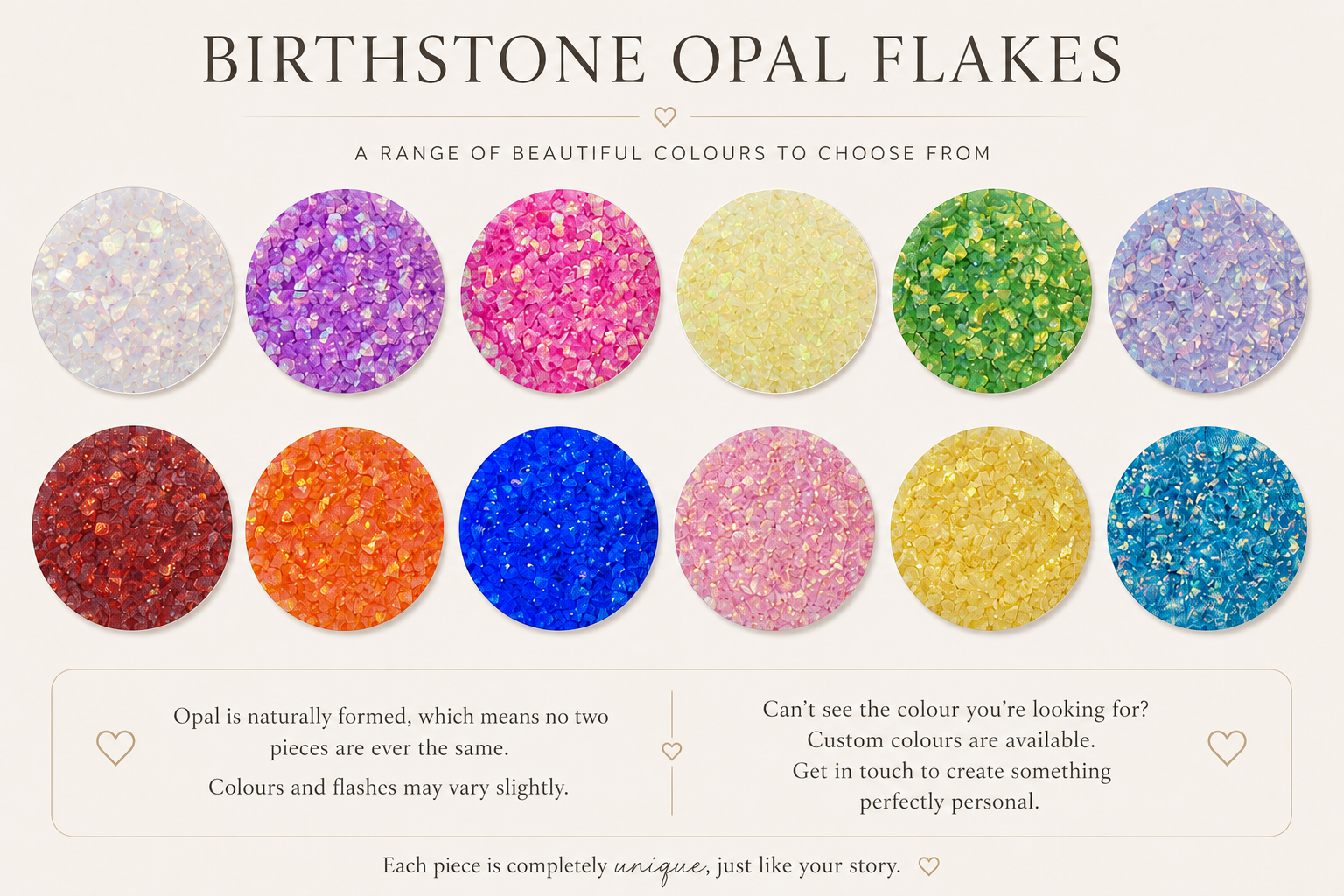 Display of twelve circles with different colors of opal-flakes birthstones: white, purple, pink, yellow, green, blue-purple, red, orange, dark blue, pink, yellow, and blue.