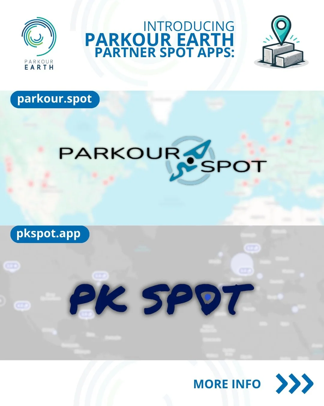 Parkour Earth &times; Community Spot Maps 📍
Parkour Earth is happy to announce a partnership with two independent, community-built parkour spot platforms:
@parkourdotspot and @pkspot.app 

Both projects are created by people actively involved in par