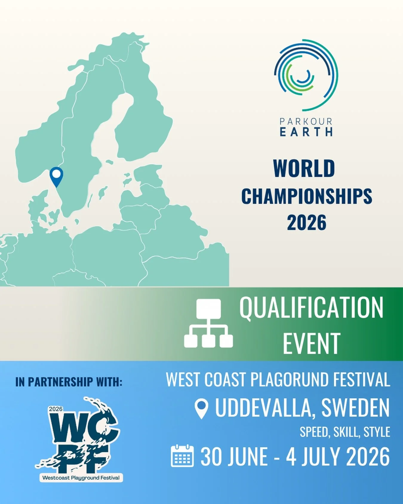 🏆 International Qualification Event Announced &ndash; WCPF 2026
We&rsquo;re excited to confirm that Westcoast Playground Festival 2026 will be an official International Qualification Event for the Parkour Earth World Championships 2026.
📍 Uddevalla