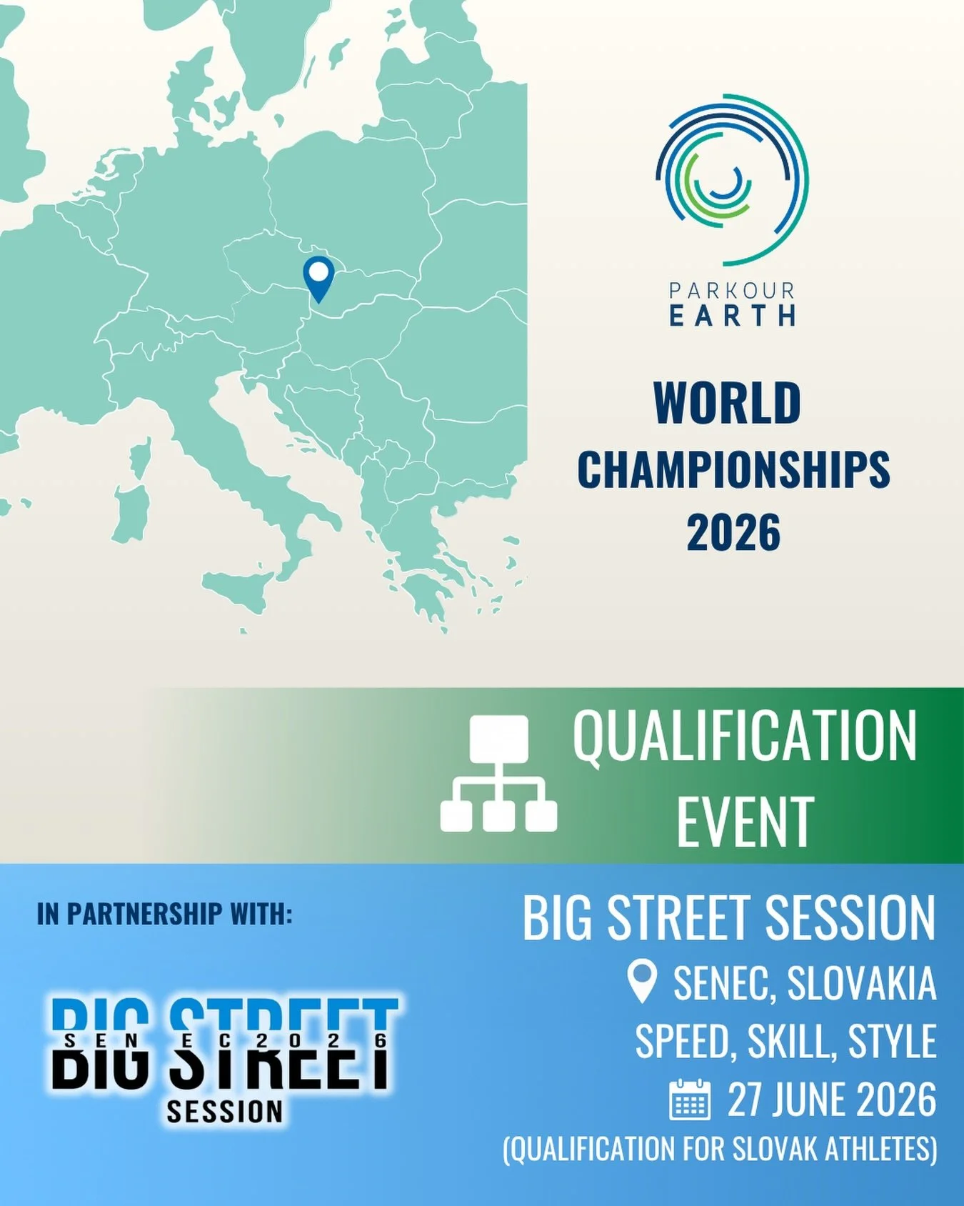 🇸🇰 Another qualification event for the Parkour Earth World Championships 2026 has been confirmed!

We&rsquo;re excited to announce that the Big Street Session in Senec, Slovakia, will serve as an official qualification event for the World Champions
