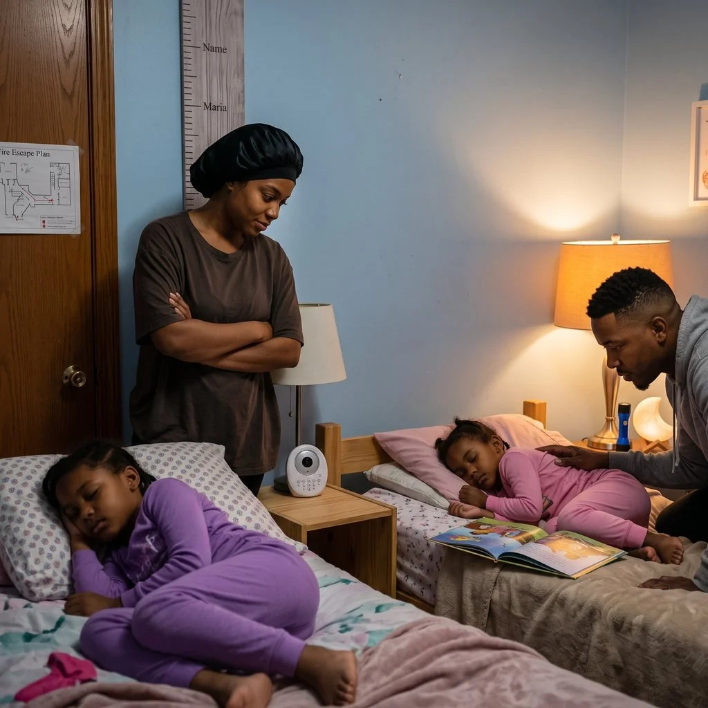 Dimly lit bedroom. Mother standing watch over sleeping 7-year-old, father kneeling beside sleeping 5-year-old. Fierce protective love, watchful presence. They know they have protected their family in case someone goes missing with Protect Our Family.