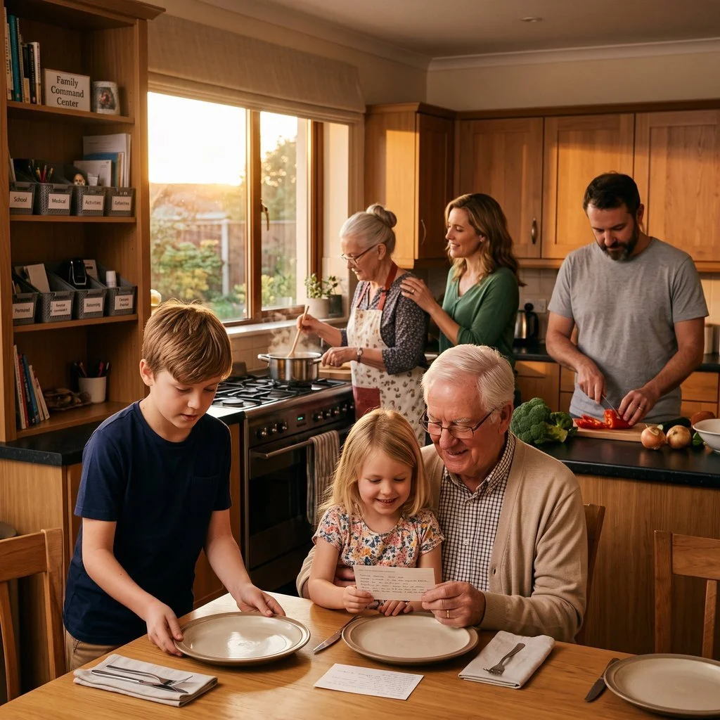 A multiple generation family in the same household. The boy setting the table and girl with Grandpa in foreground, parents and Grandma cooking in background. Everyone as peace because they are covered by Protect Our Family Safety app