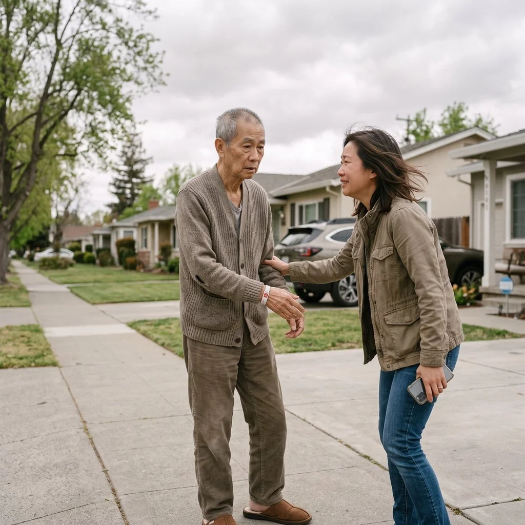 Quiet neighborhood sidewalk, diffused afternoon light. Family member gently guiding lost elderly person home. Relief, patience, and tender love. She found him by using Protect Our Family