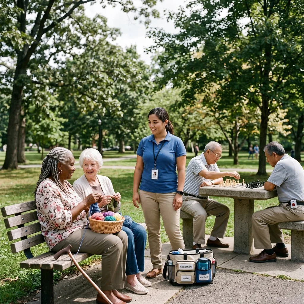 Mid-morning park with dappled light. Caregiver positioned near knitting ladies in foreground, elderly men at stone chess table in background creating depth. Confident, calm presence because Protect Our Family is engaged.