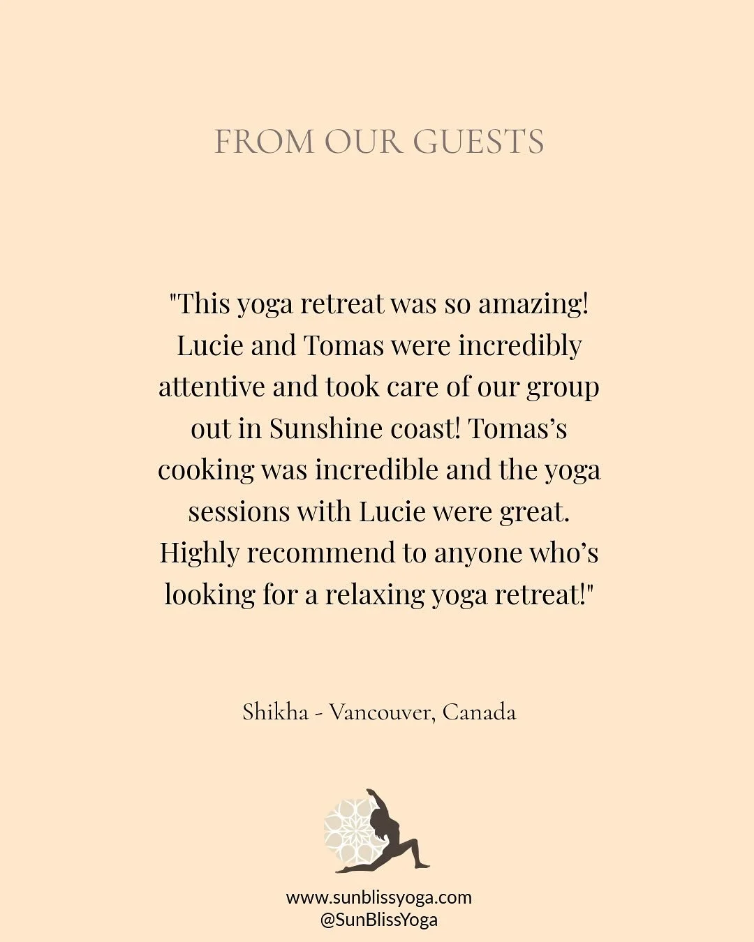 β¨ From Our Guests β¨
Shikha joined us on a recent Sunshine Coast Retreat and shared such kind words π
Our next Sunshine Coast Yoga Retreat will be happening June 26–28, 2026. We’d love to welcome you there! πΏ
More details at www.sunbli