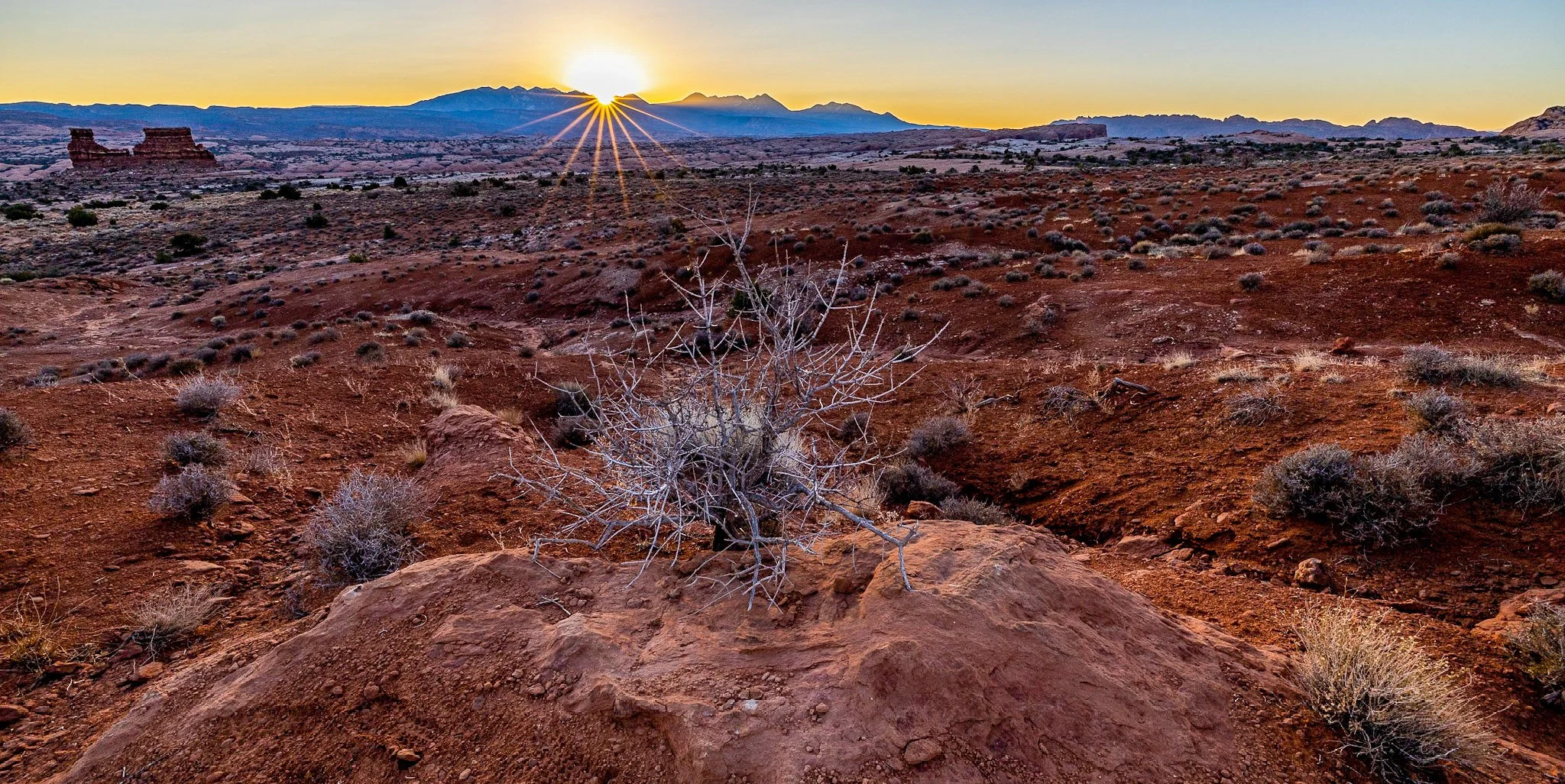 Sunset over a desert landscape with reddish soil, small bushes, and distant mountains.