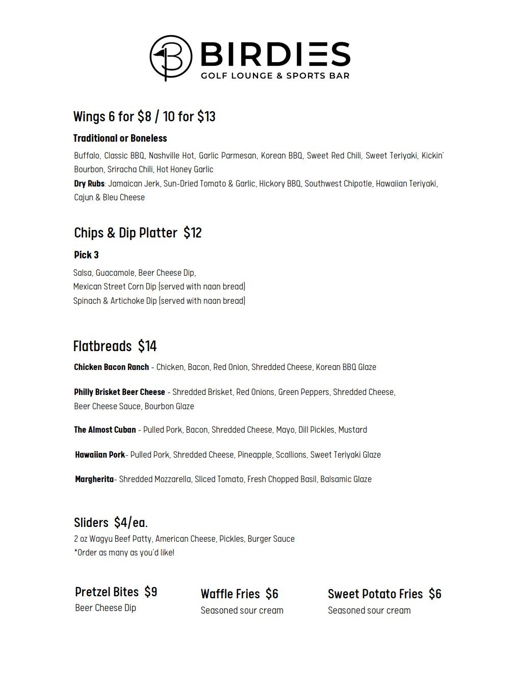 Menus – Birds Golf Sports Lounge