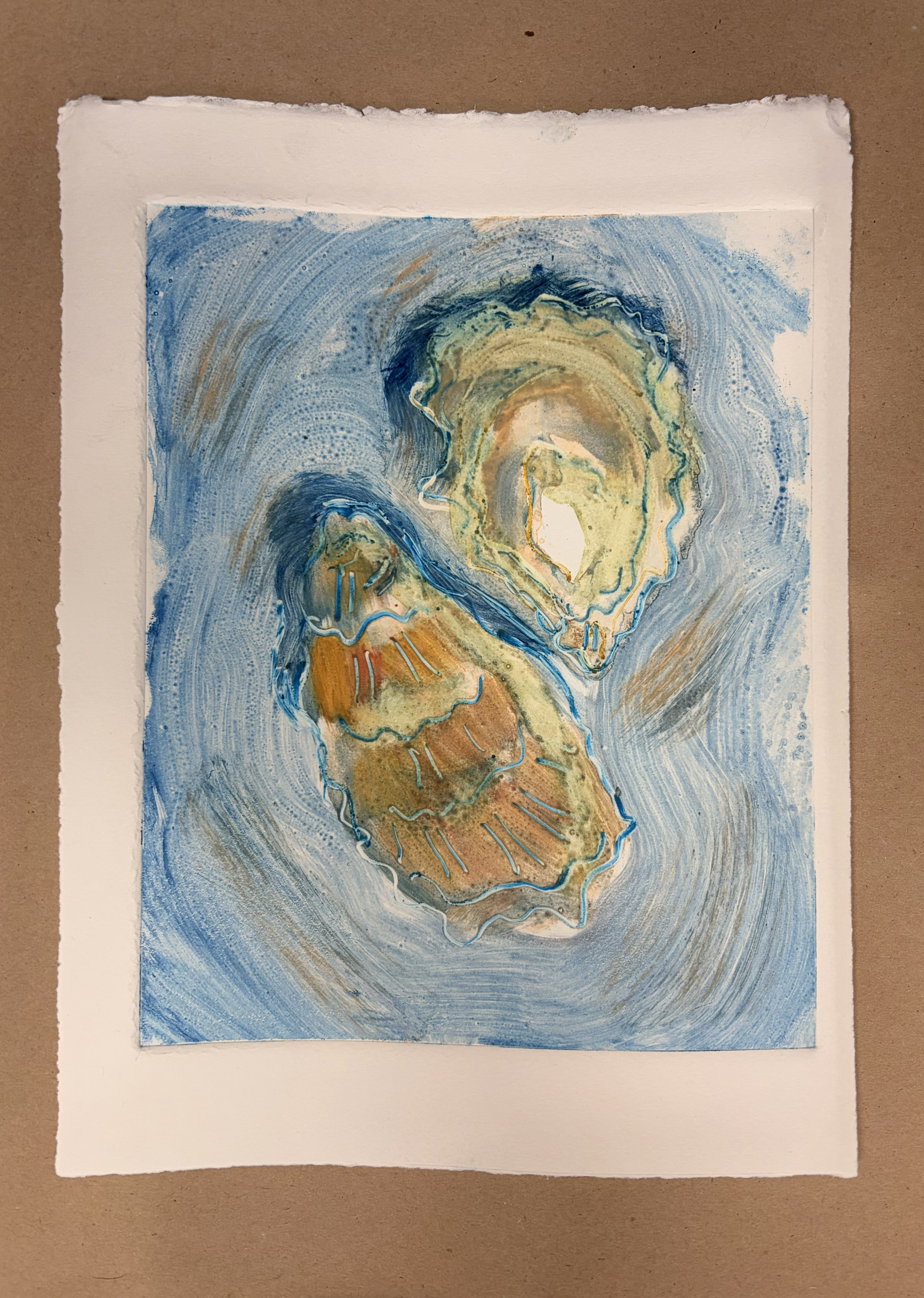 Oysters | Monotype Print with water color and aquarelle crayons. 