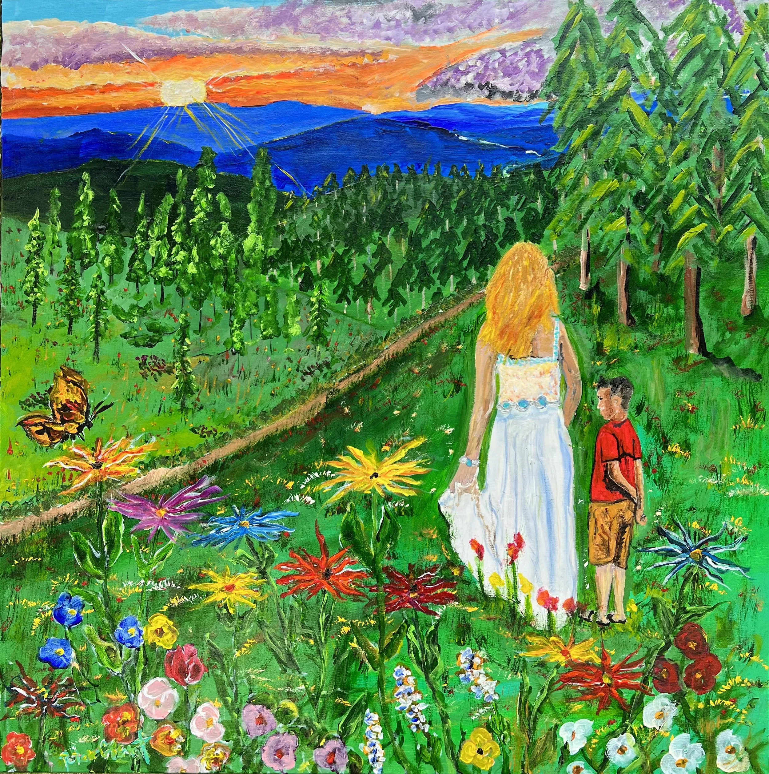 "Lee and Cash Enjoying Blue Ridge Mountain Sunrise" 30x30 SOLD