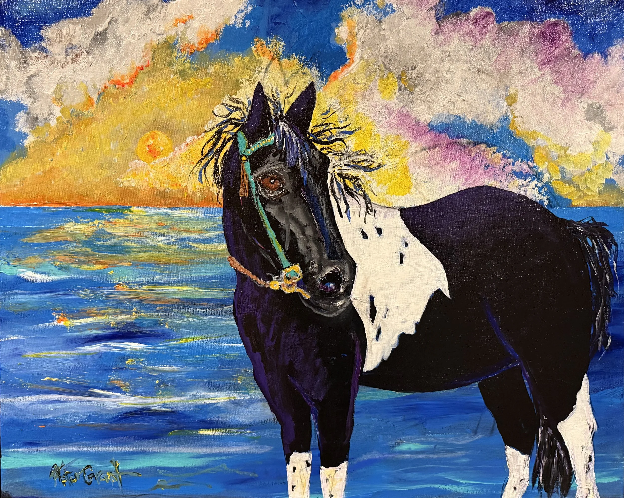 Ducati, a wonderful horse who loves playing in the Atlantic Ocean and strolling the Beach
Thanks Debbie Cardaman Schlitt  what a pleasure and honor to paint Ducati in my style    