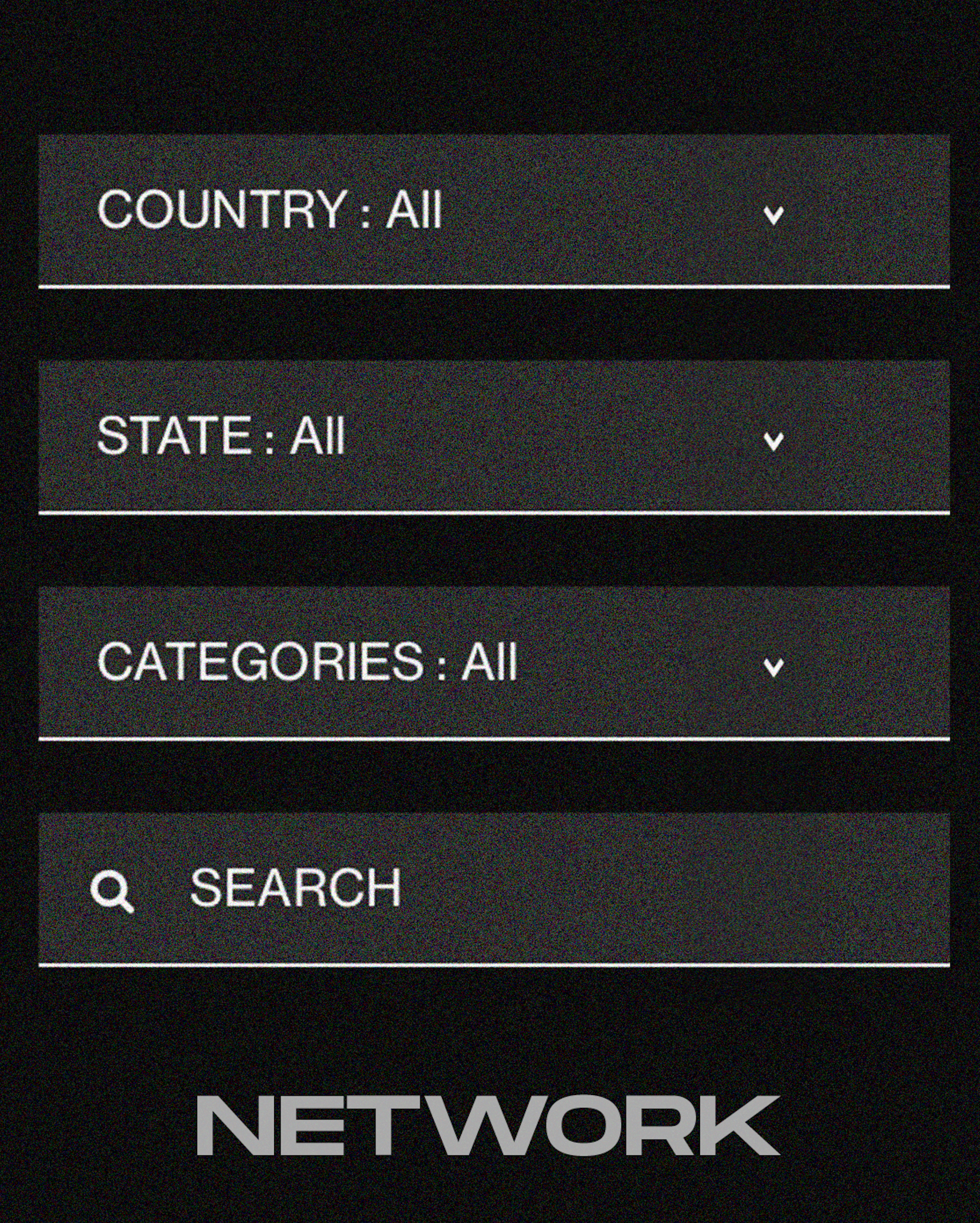 Dropdown menus for Country, State, and Categories set to 'All' with a search bar and the word 'Network' below.
