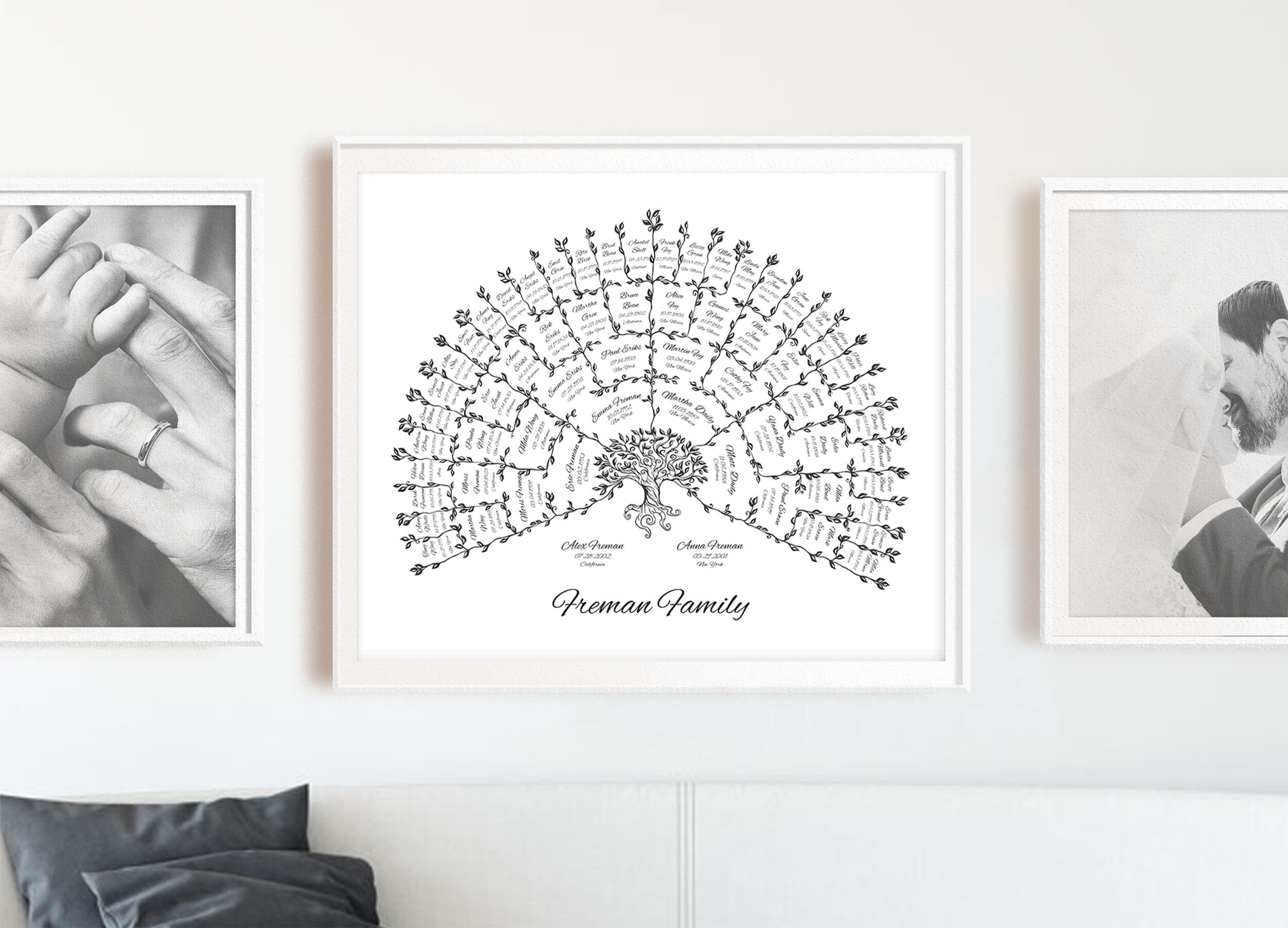 Scandinavian Family Tree template shown framed in a interior design mockup