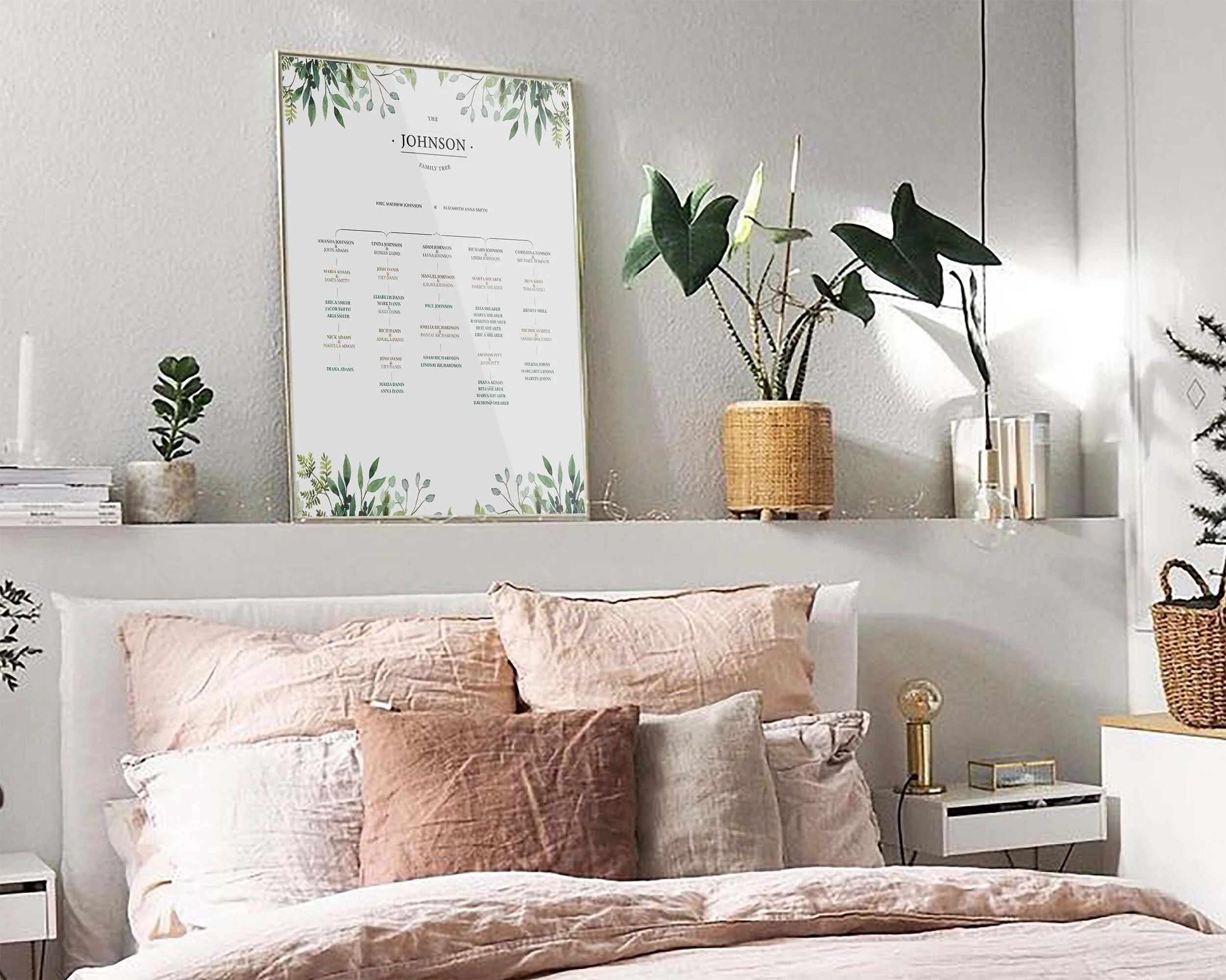 Ficus Family Tree Template shown standing above a bed in a bedroom interior design