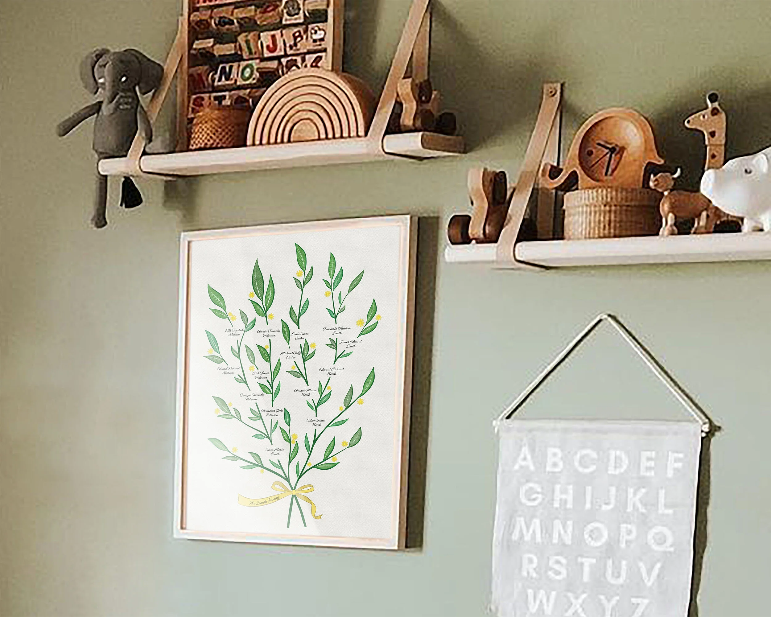 Daisy Family Tree template is hanging in a nursery room