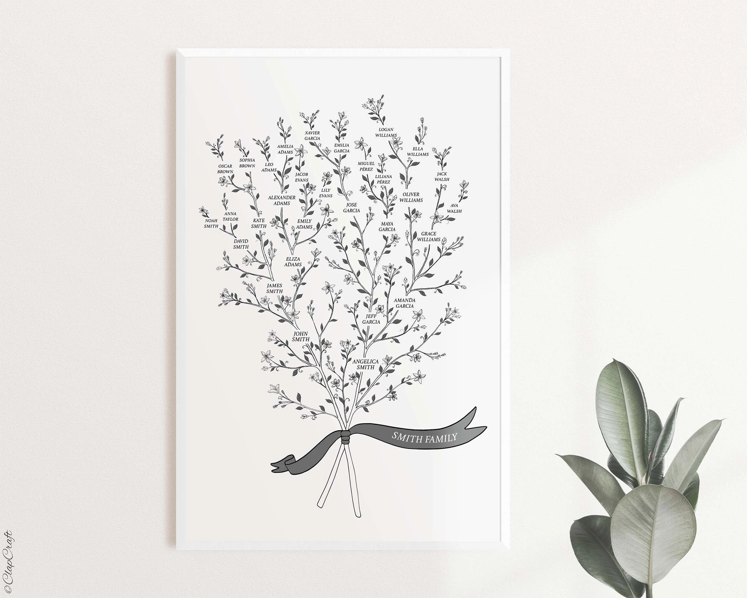 Gypsophila Black and white Family Tree art print shown framed on a wall