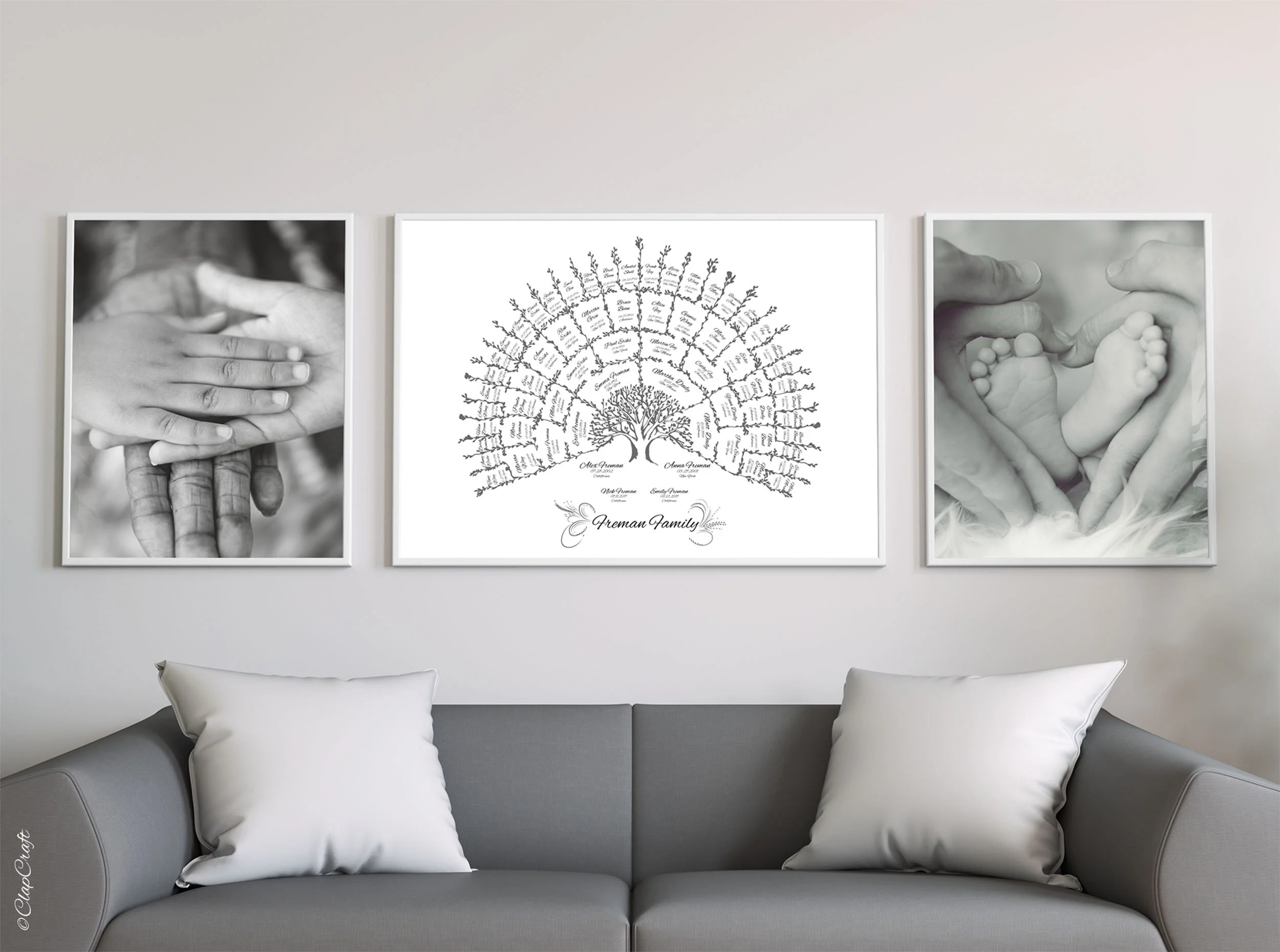 black and white family tree template hanging above a couch next to family pictures