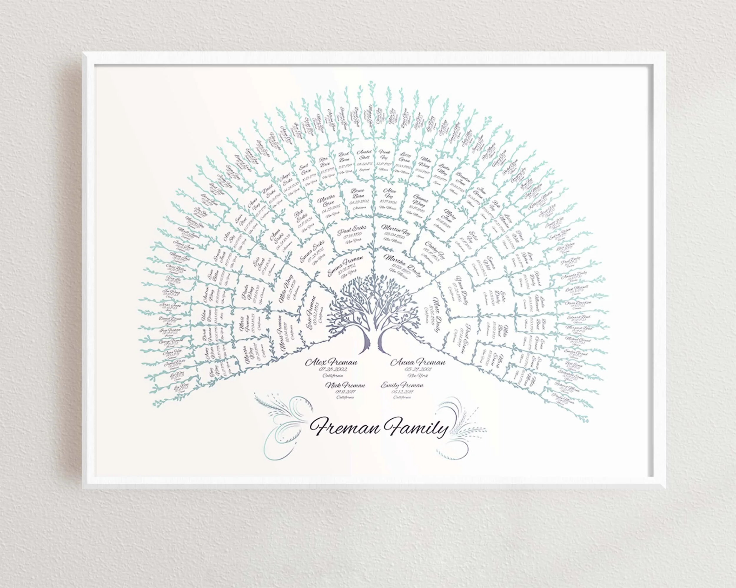 Jacaranda Family Tree template in blue color for a 7 generation family