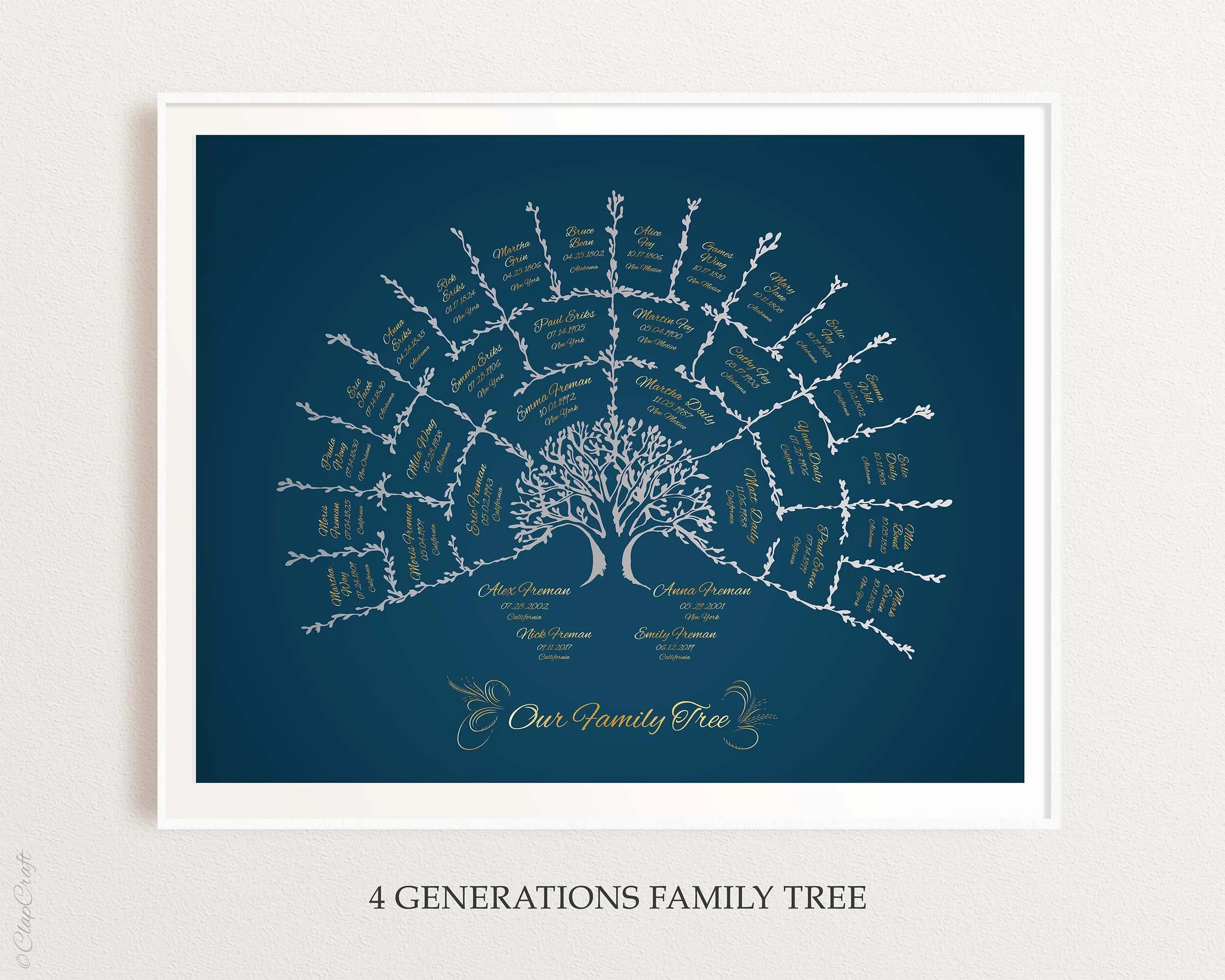 Dark blue navy color family tree template for 4 generations