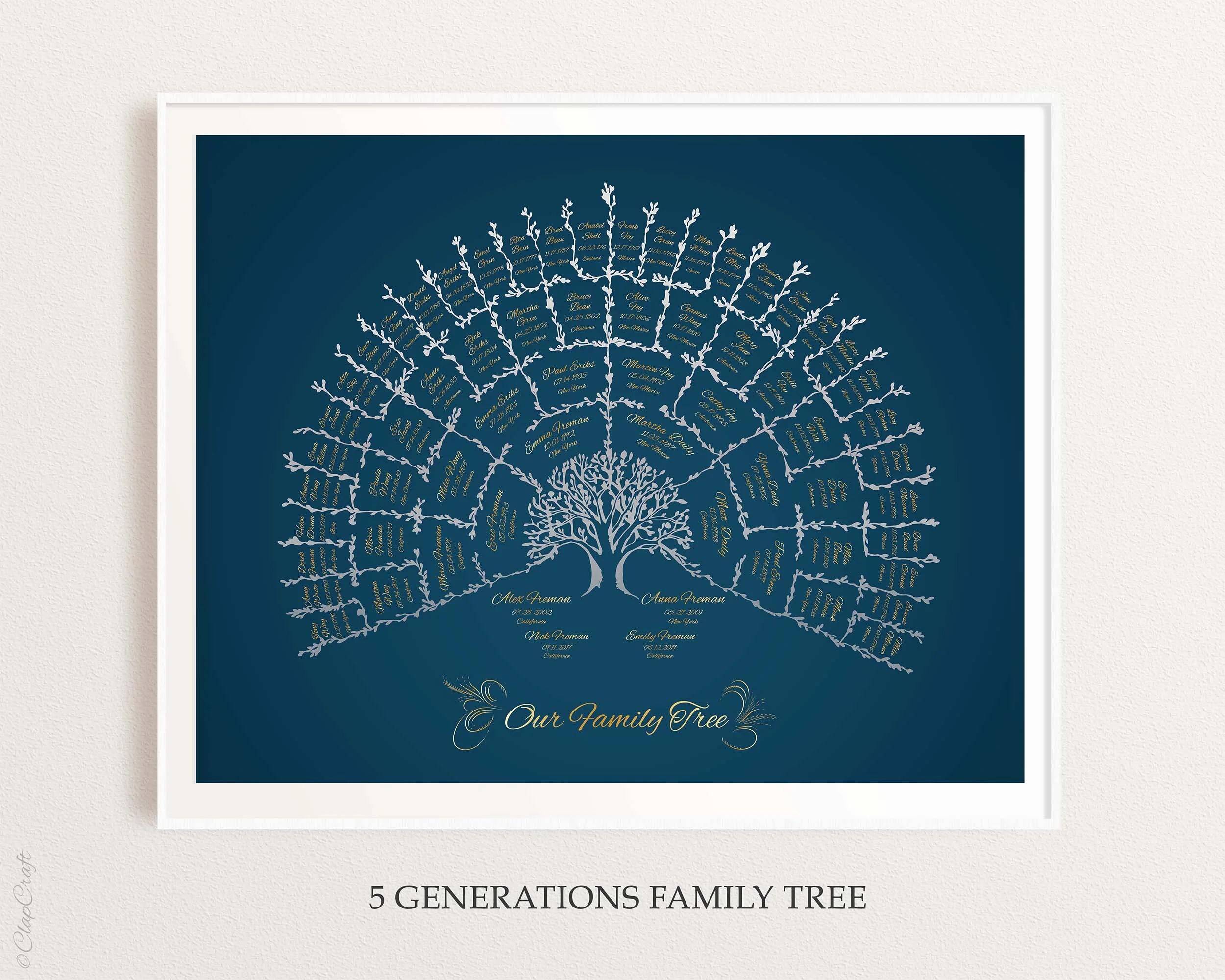 Dark blue navy color family tree template for 5 generations