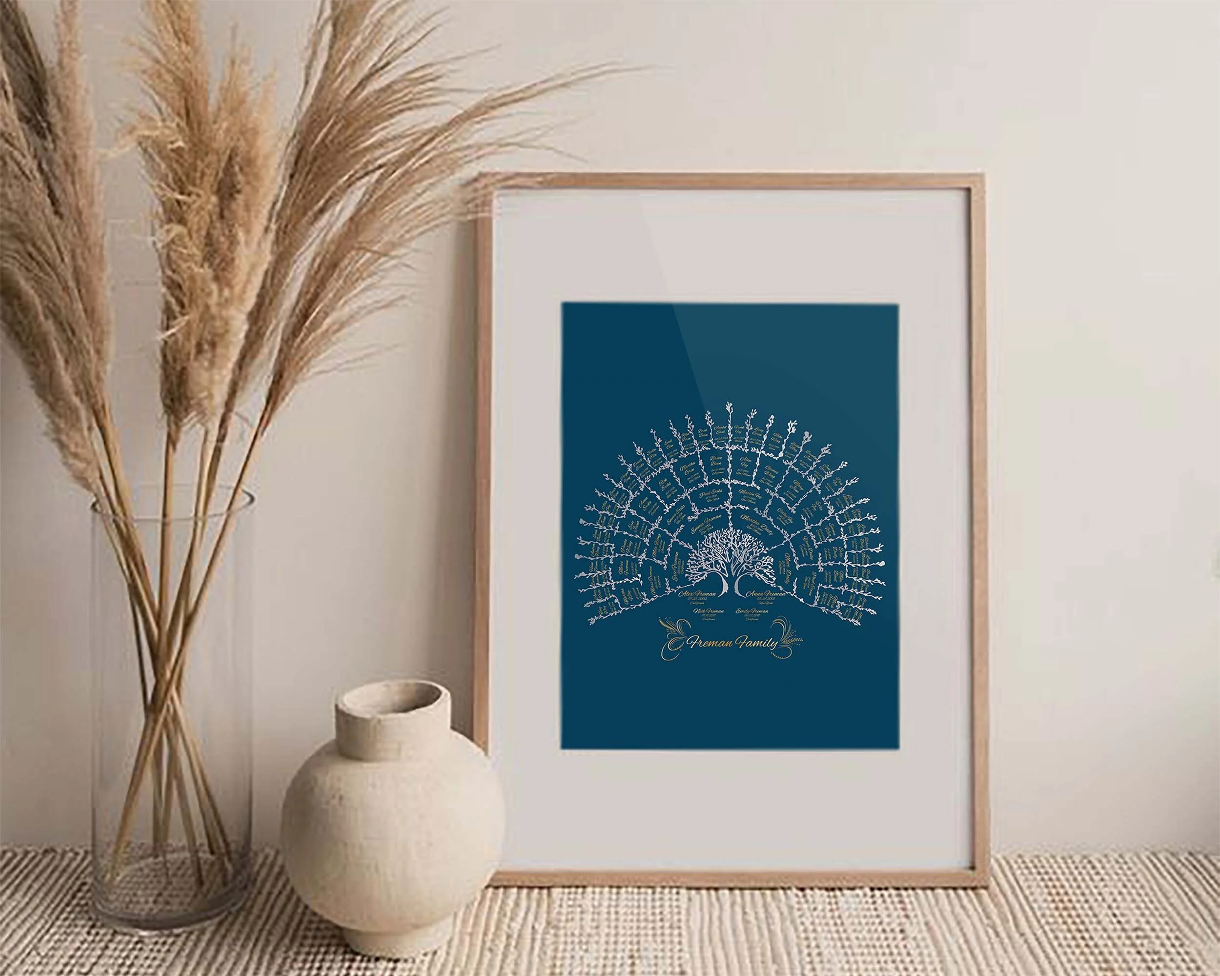Dark blue navy color family tree template framed