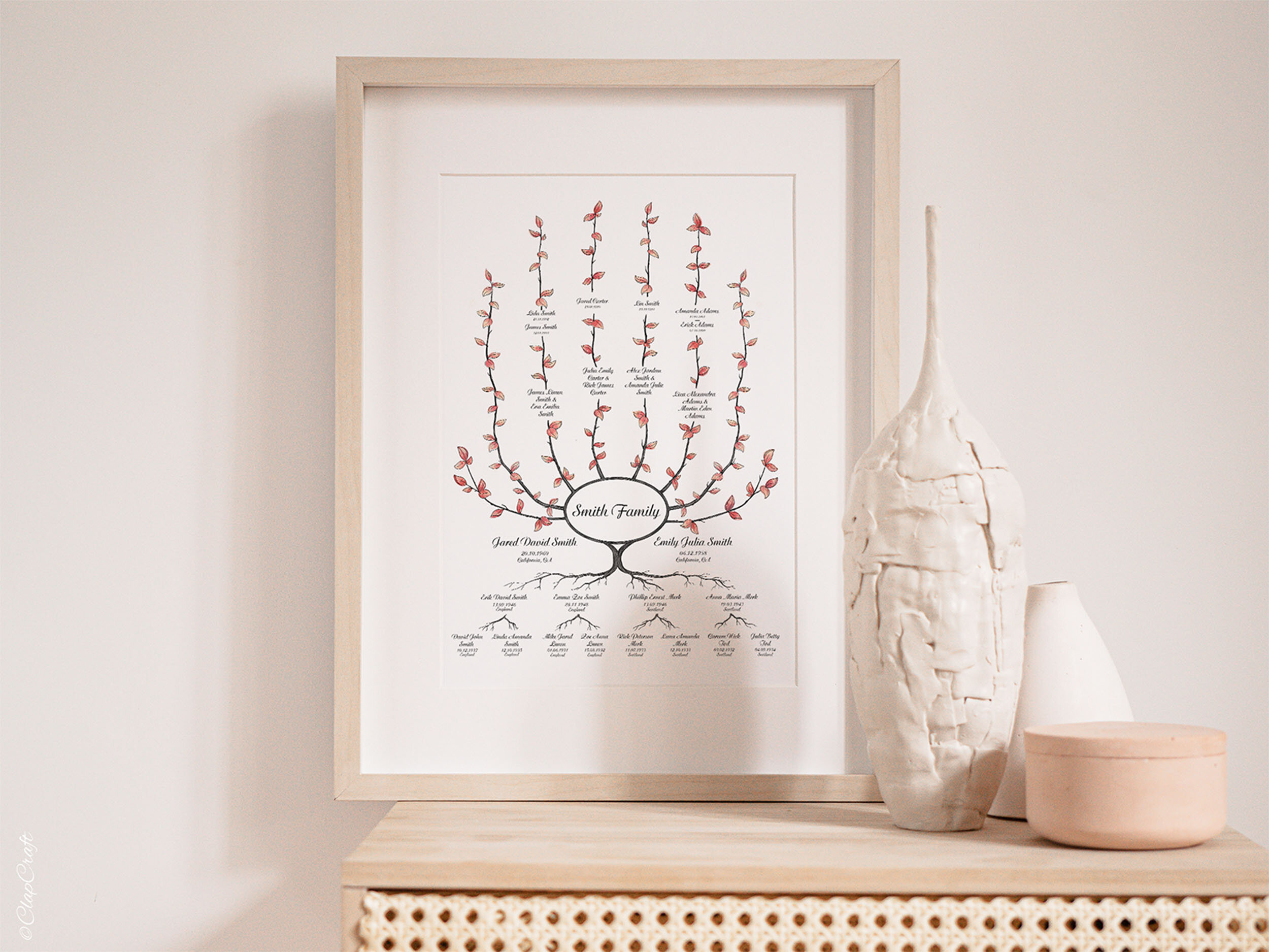 Ivy Family Tree template in red color framed standing on a shelf